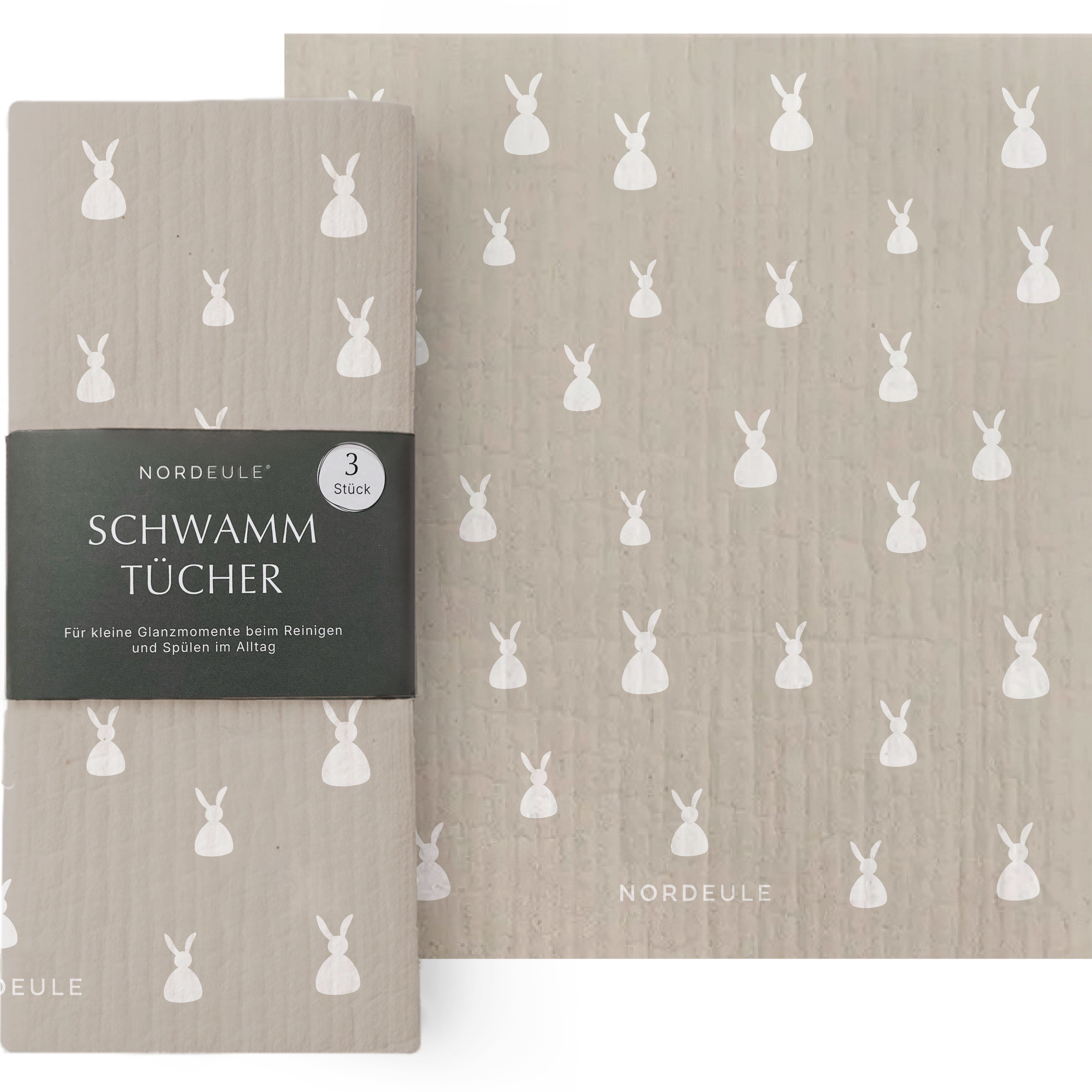 NORDEULE Schwammtuch Osterhase 3 Stück Beige Weiß, Reinigungstuch im Skandi Design, ideales Geschenk zu Ostern, im Osternest, Briefpost, Aufmerksamkeit