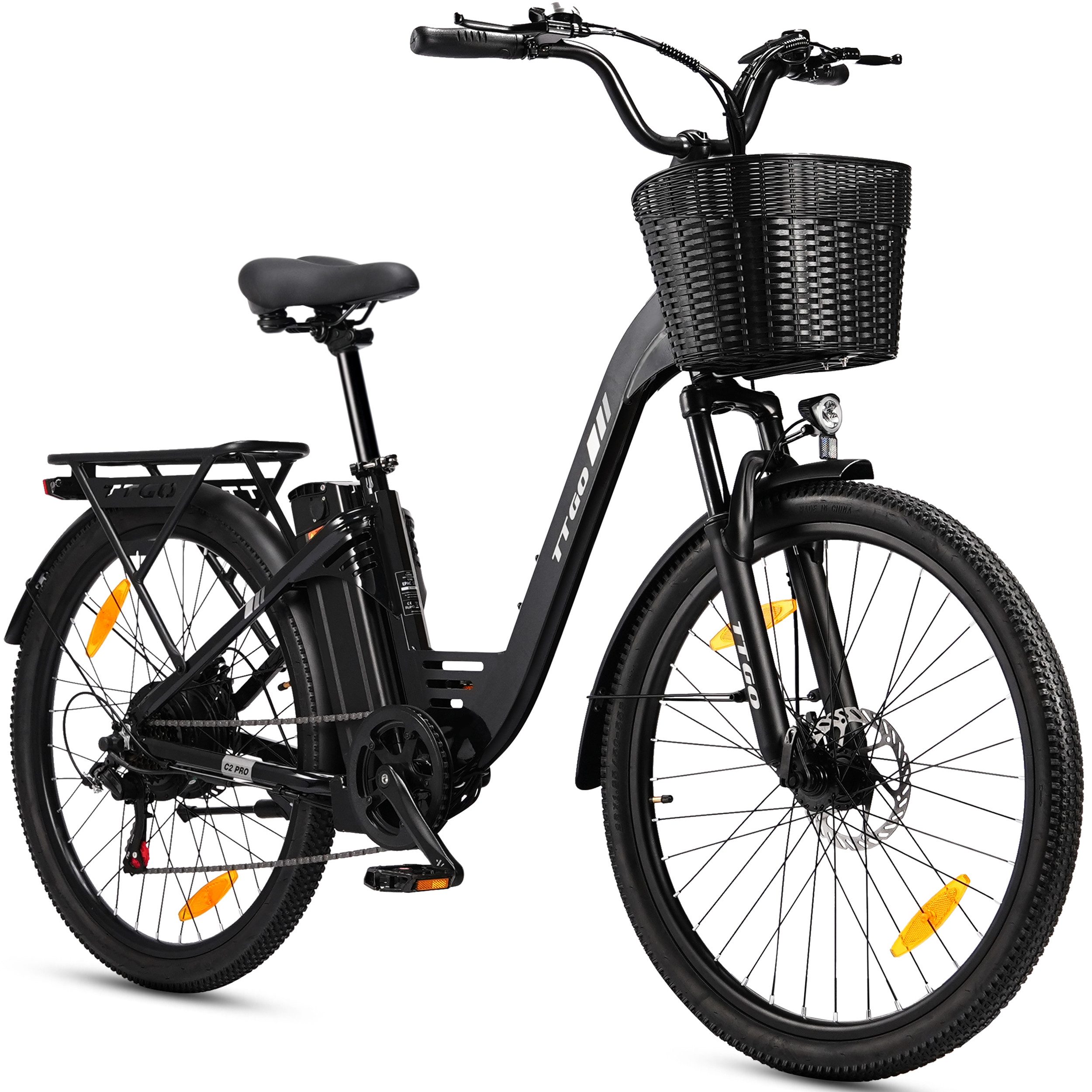 TTGO E-Bike Cityrad 26/28 Zoll, 80-120km, C2/C3, Elektrofahrrad für Damen und Herren, 7 Gang SHIMANO, Kettenschaltung, Heckmotor, 648 Wh, (5 Stufen, Pedelec, bis zu 125kg, für ca. 160–185cm), Farbdisplay, Frontkorb, Gepäckträger, Elektrofahrrad für Damen