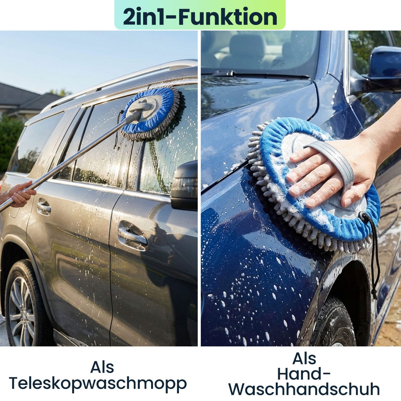 shop'n smile ideoon Wischmopp Wischmopp mit 160cm Teleskopstange & 2 Chenille Mikrofaser Aufsätzen, für PKW, LKW, Wohnmobil & Wohnwagen