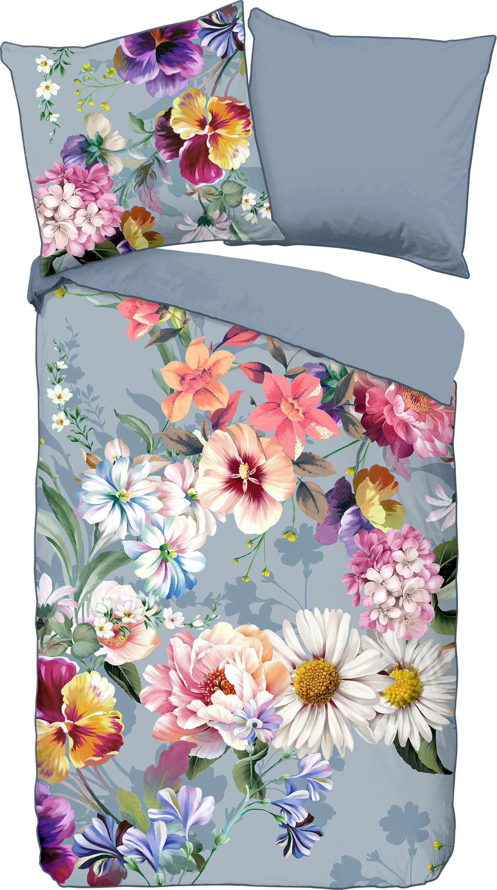 Descanso Wendebettwäsche Novara, Satin (Bio-Baumwolle), 2 teilig, Baumwolle, Satin, 135x200, Biese, Reißverschluss, Wende, Blumen, Natur
