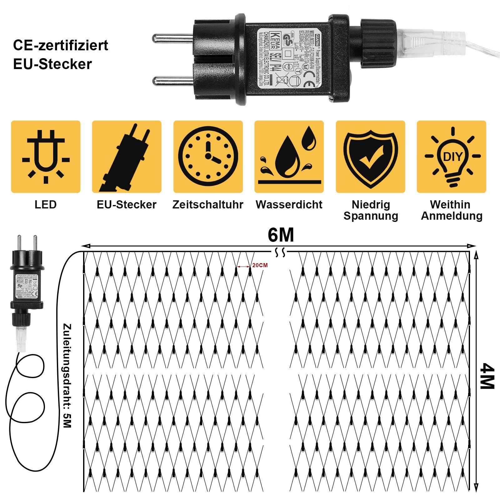Rosnek LED-Lichternetz 2x3/4x6M, 8 modi, Timer, günstig online kaufen