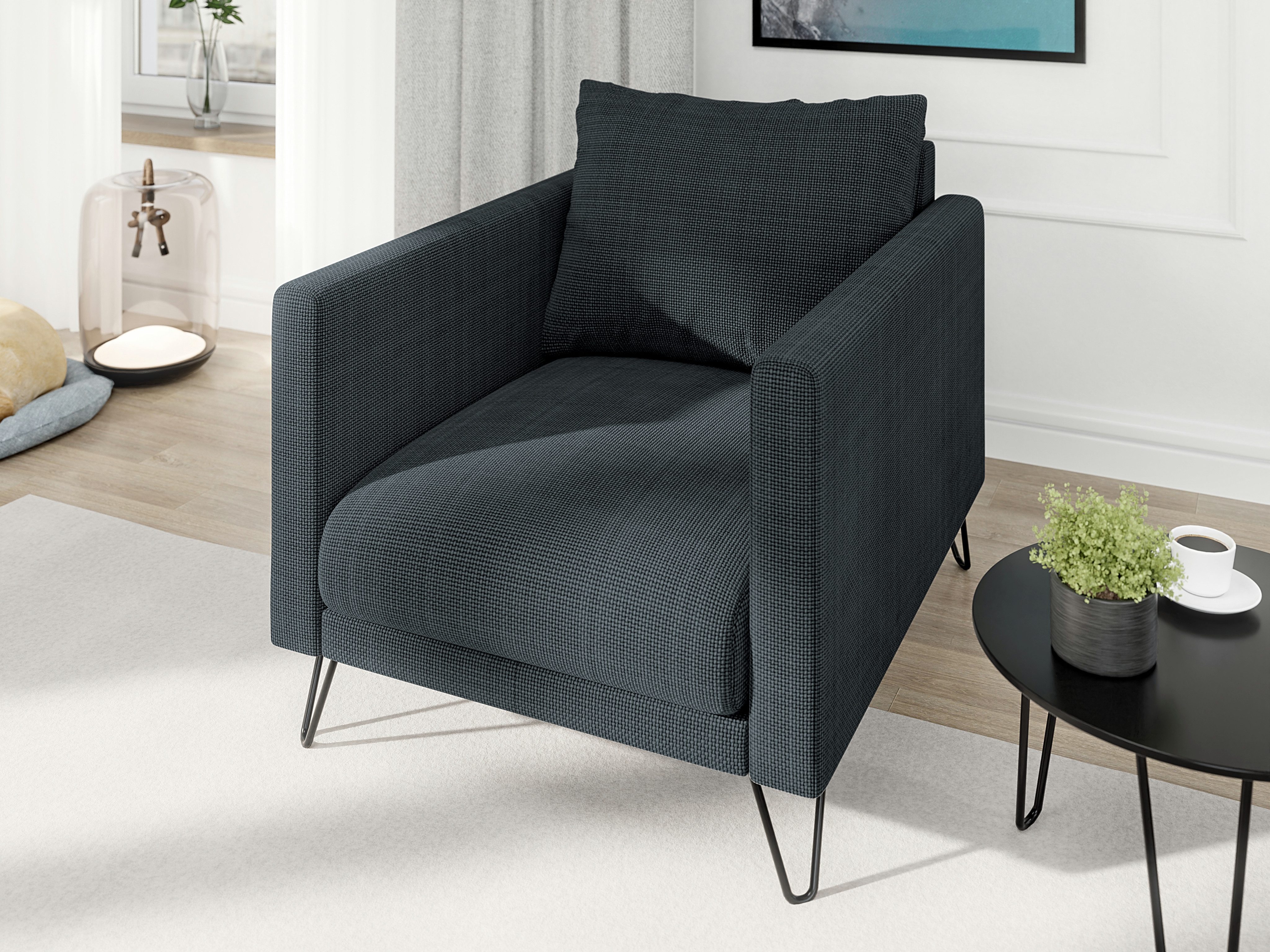 S-Style Möbel Polstergarnitur 3+2+1 Harmony aus Chenille-Stoff mit Hohen Schwarzen Metallfüßen, mit Wellenfederung