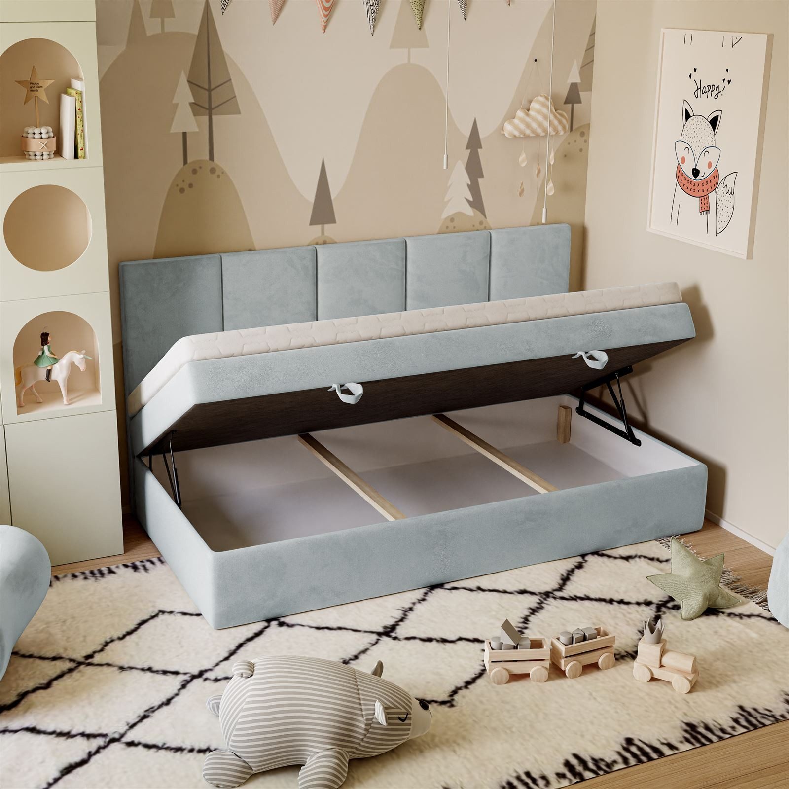 Lookway Boxspringbett Kontinental ELZA MINI mit Bettkasten und Topper, komfortabel gepolstertes, hohes Kopfteil