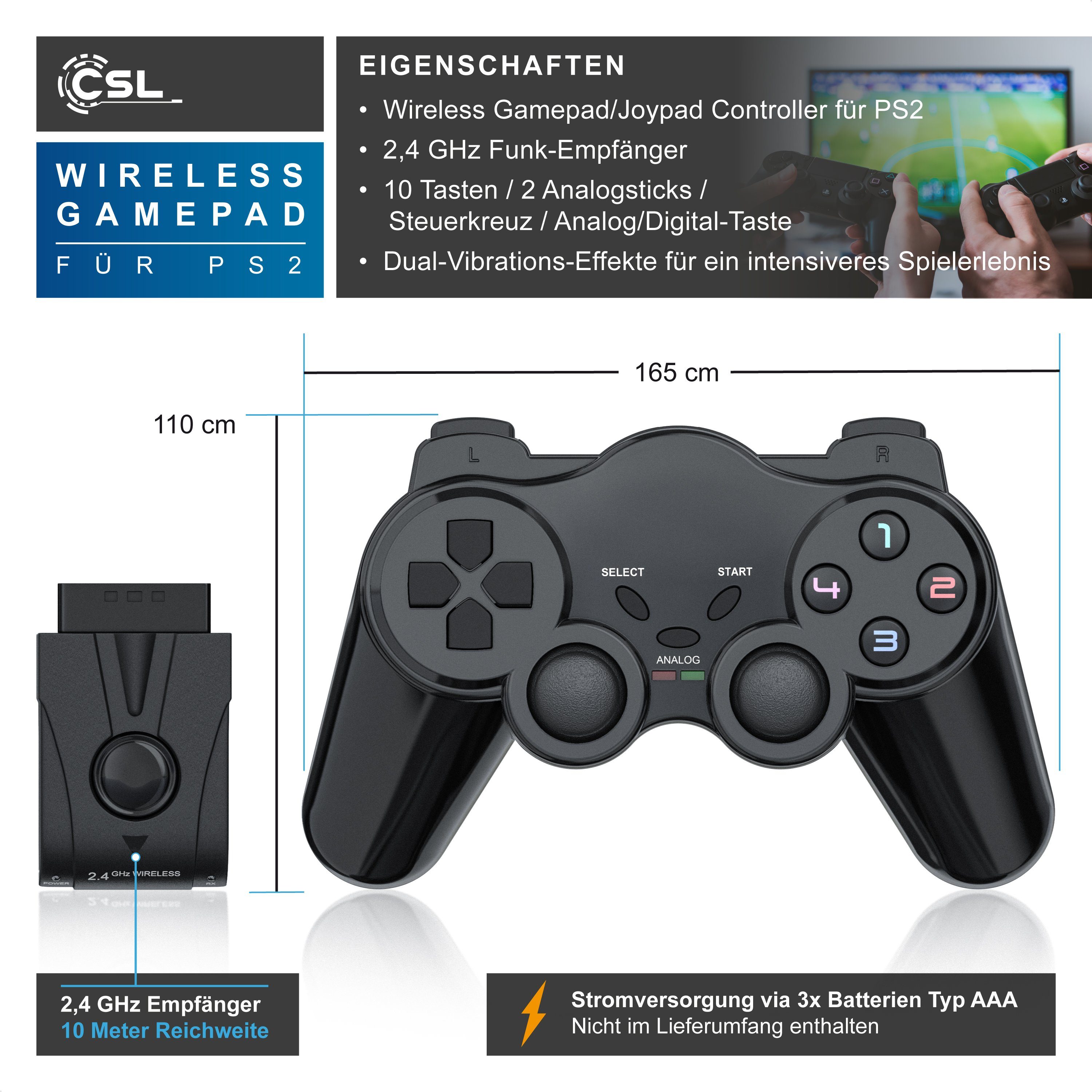 CSL PlayStation-Controller (1 St., Wireless PS2 Gamepad, 2,4 GHz Funk Adapter mit Dual Vibration)