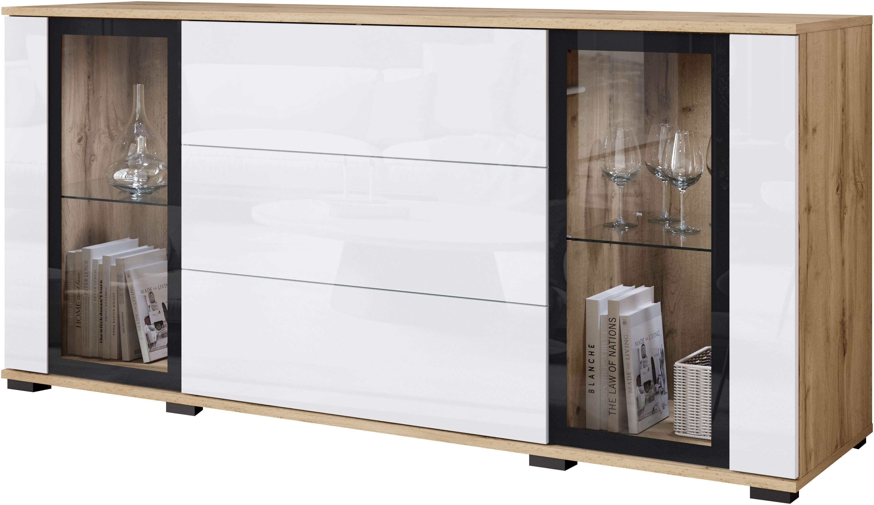 INOSIGN Sideboard "modernes Design mit Glaseinsätzen und 3 Schubladen, Brei günstig online kaufen
