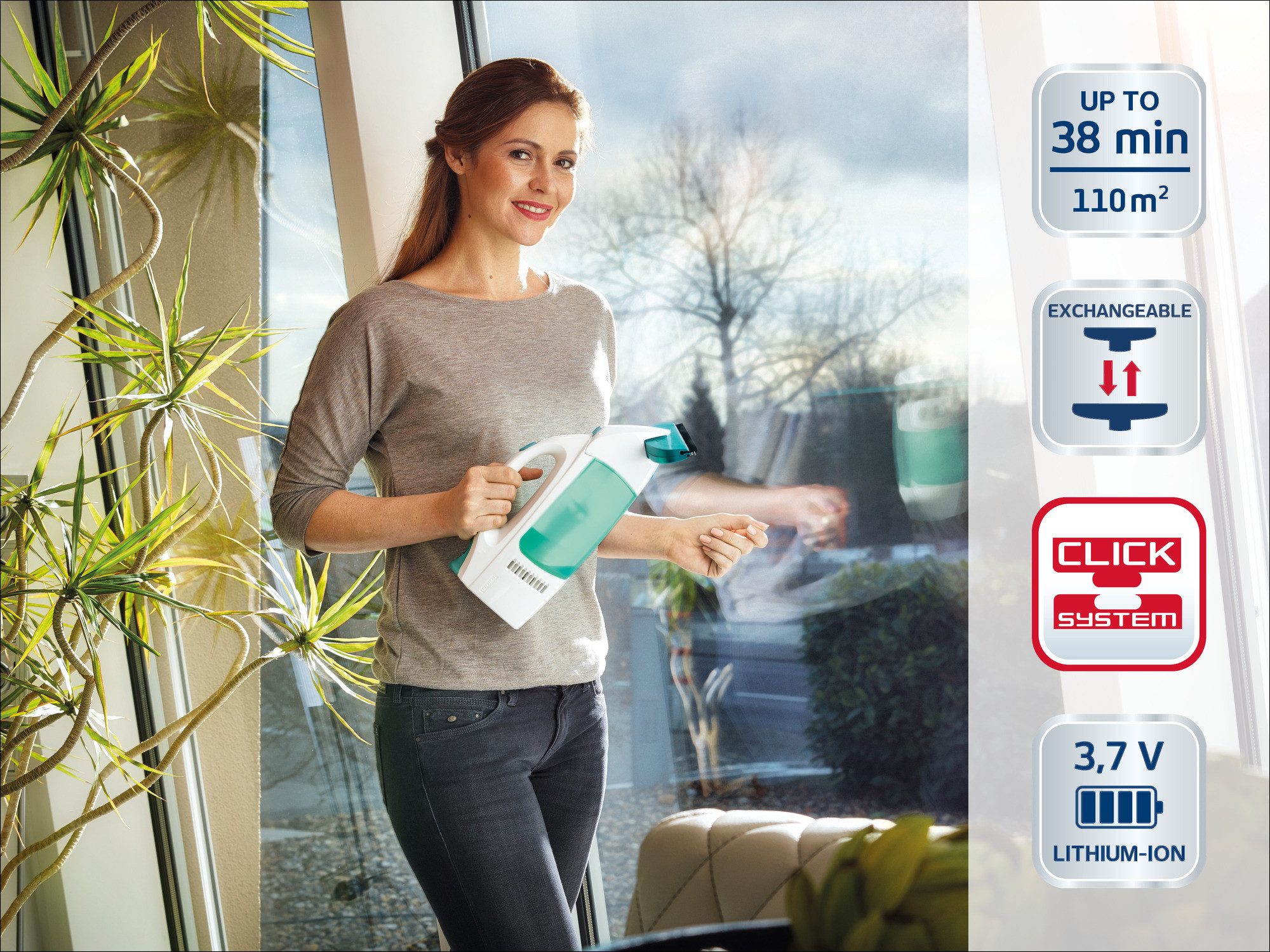 Leifheit Fenstersauger Set Fenstersauger Dry & Clean mit Stiel, Einwascher, schmaler Saugdüse, (6-St) Streifenfrei Absaugen, bis 38 Minuten Laufzeit, 43cm Stiel, 17cm Düse