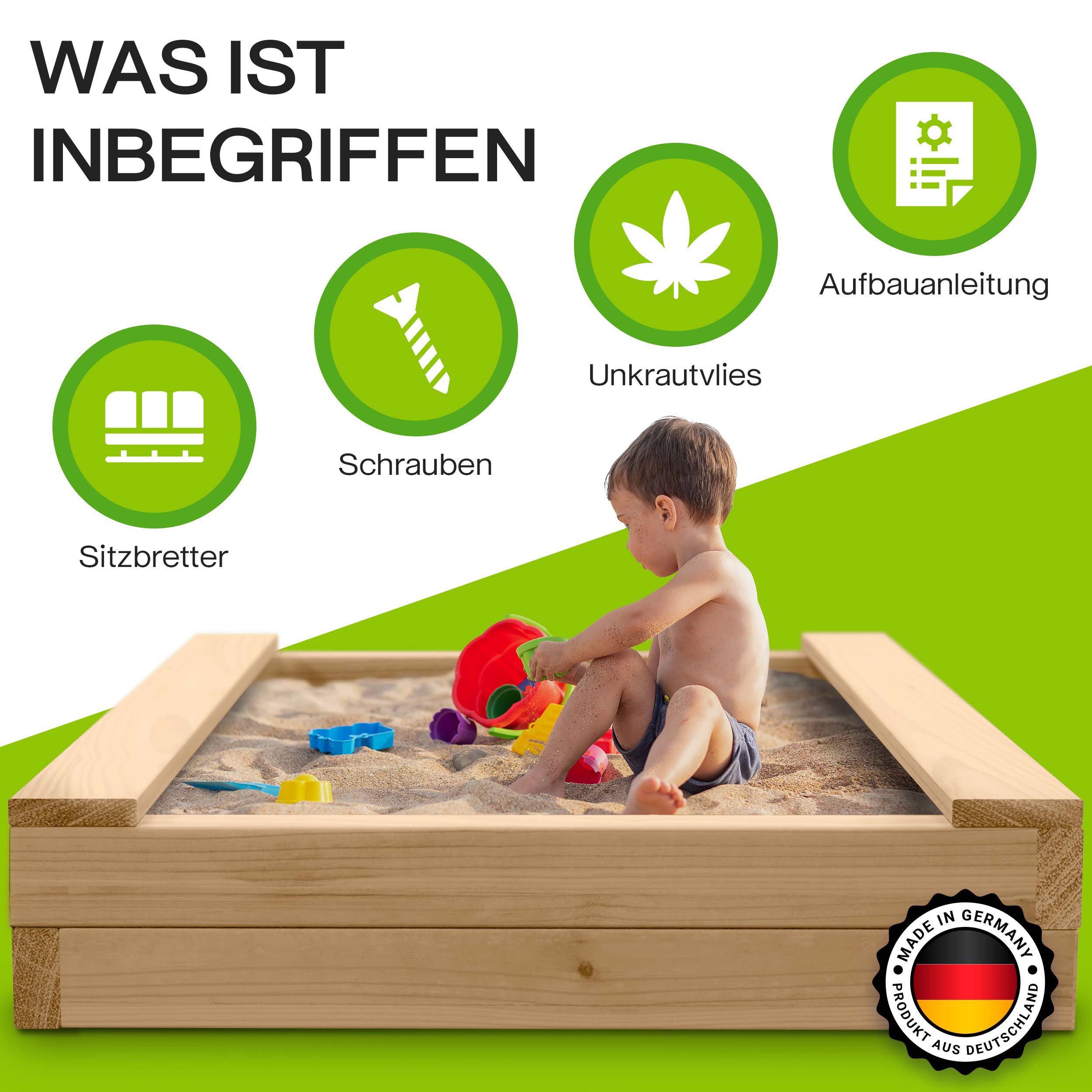 Gartenwelt Riegelsberger Sandkasten BULLE Sandkasten aus Lärche natur 45 mm inkl. Sitzbretter Bodenplane