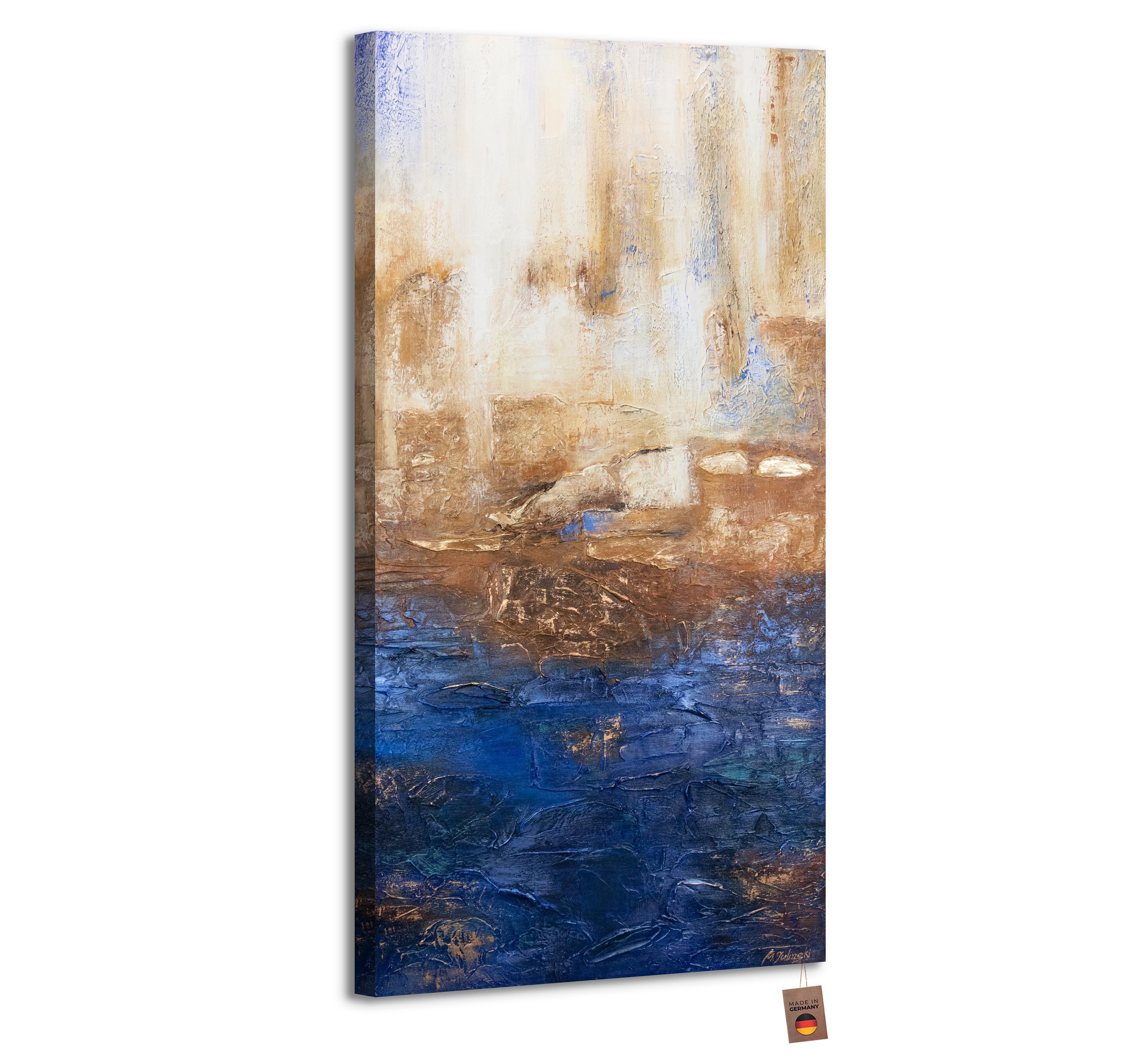 YS-Art Gemälde Marine II, Abstrakte Bilder, Vertikales Leinwand Bild Handgemalt Blau Gold Abstrakt Ohne Schattenfugenrahmen