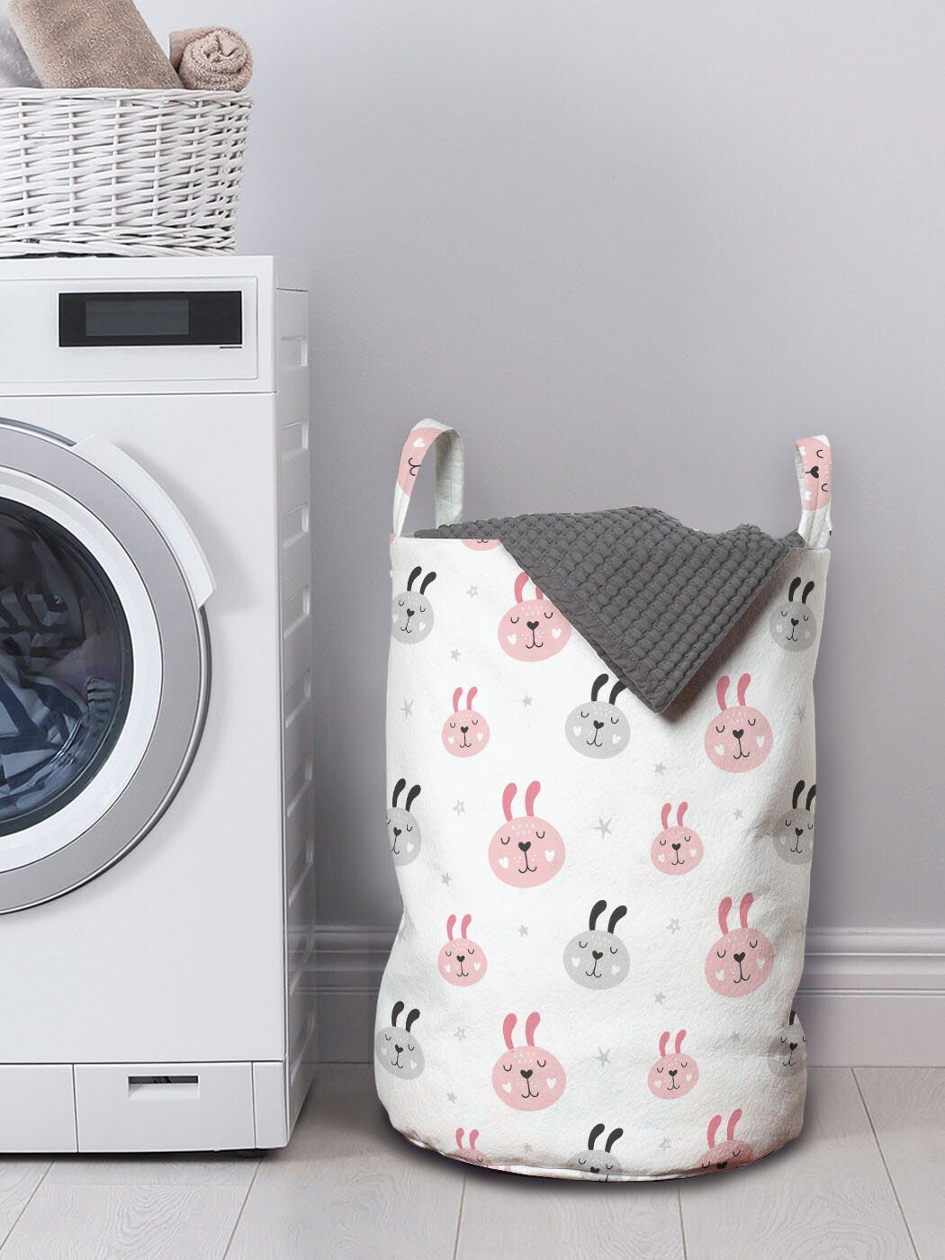 Abakuhaus Wäschesäckchen Wäschekorb mit Griffen Kordelzugverschluss für Waschsalons, Osterhase Baby-Kaninchen-Gekritzel