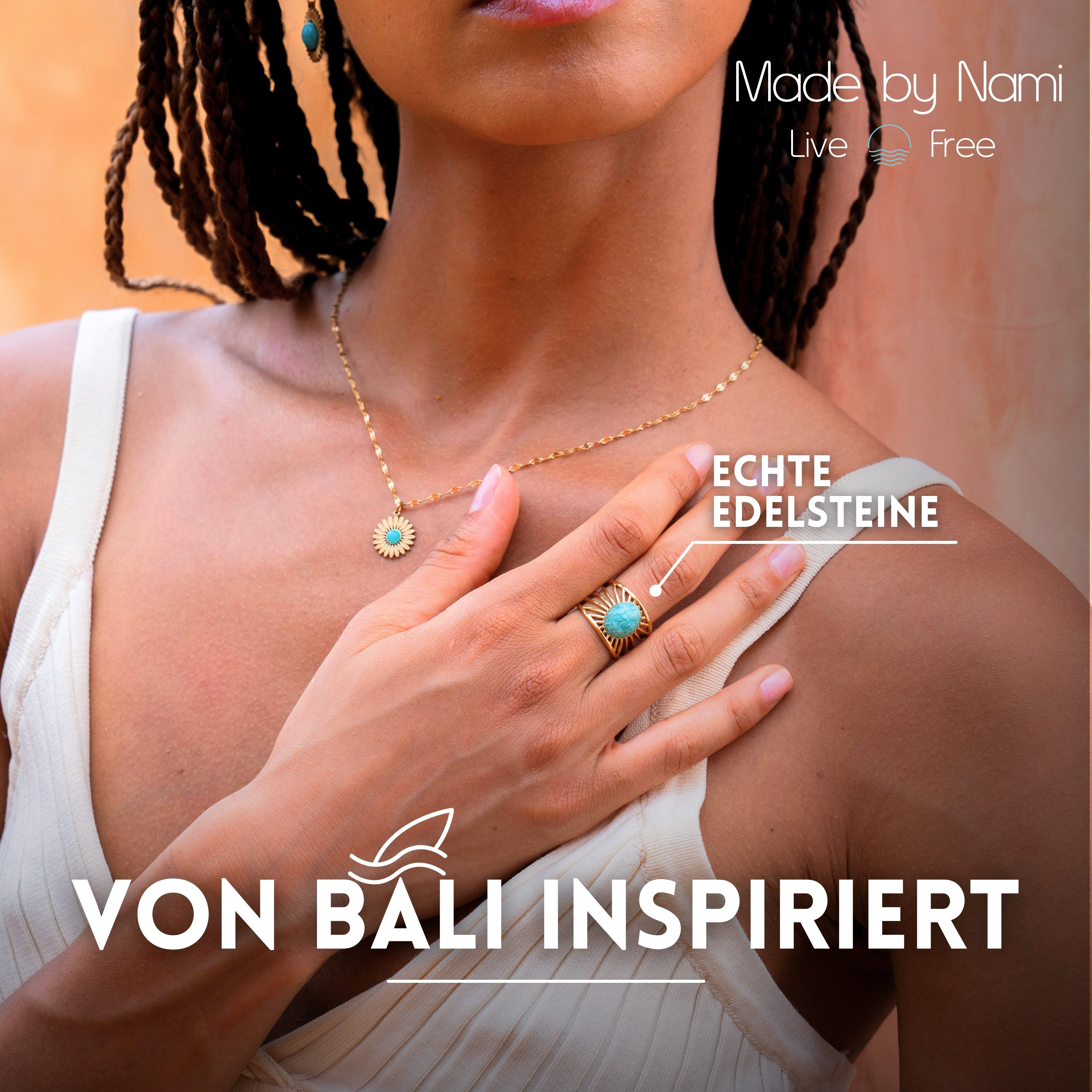 Made by Nami Fingerring Gold Damen mit Edelstein aus Chirurgischem Edelstahl - Sonnenstrahlen, Verstellbare Größe - Wasserfester Schmuck Hypoallergen