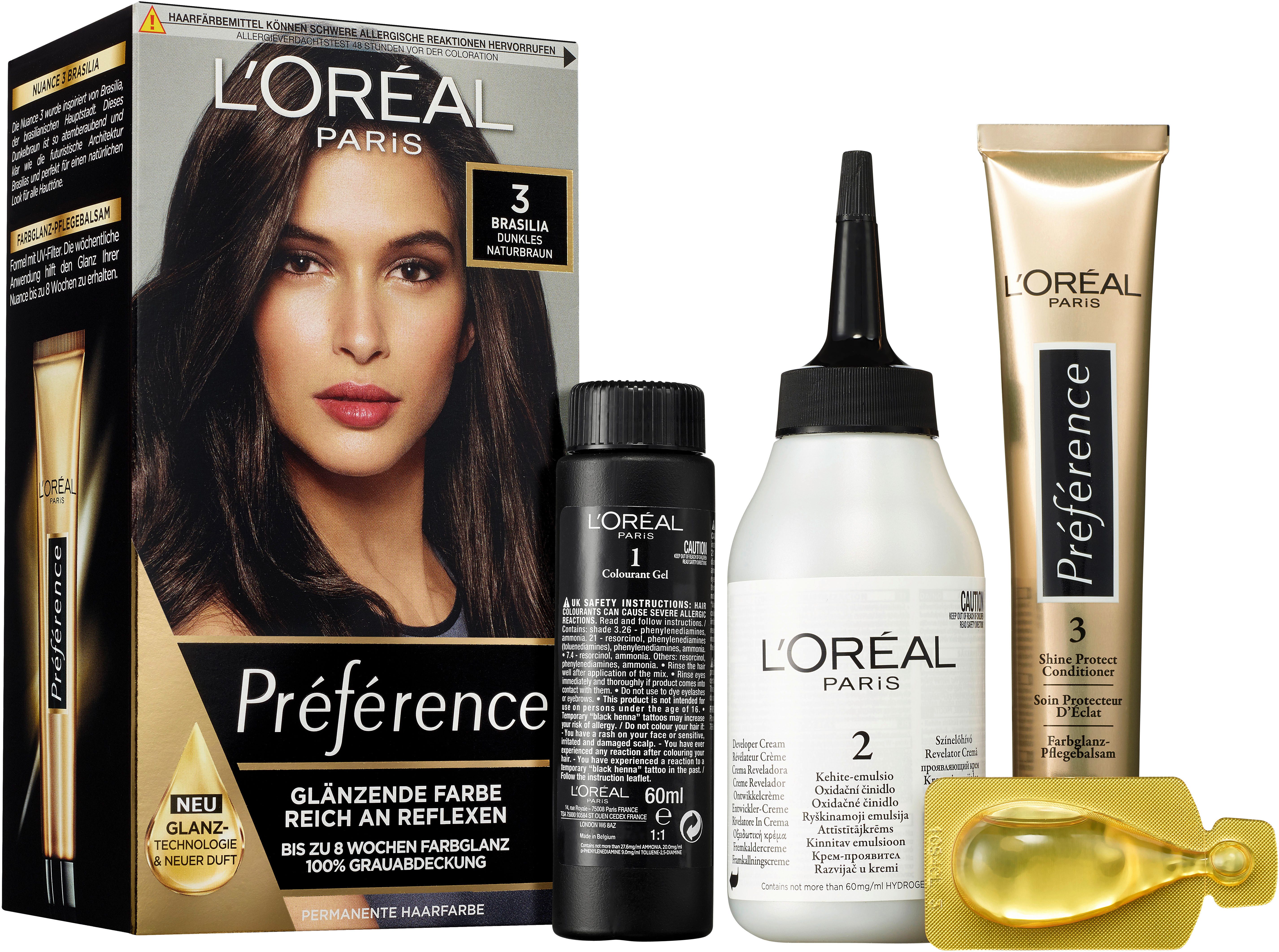L'ORÉAL PARIS Coloration PRÉFÉRENCE HAARFARBE, Packung, 3-tlg., dauerhafte Haarcoloration mit 100% Grauabdeckung