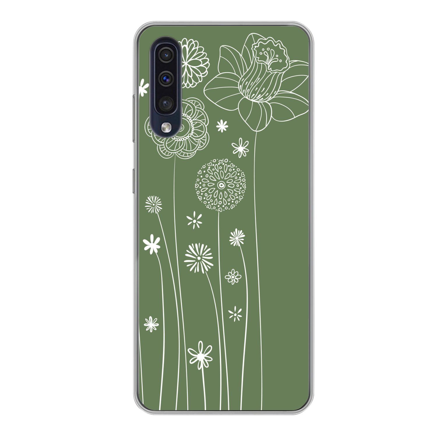 MuchoWow Handyhülle für Samsung Galaxy A50 Illustration eines Blumenmusters in Grün, Smartphone-Bumper, Print, Handy Schutzhülle Dünn