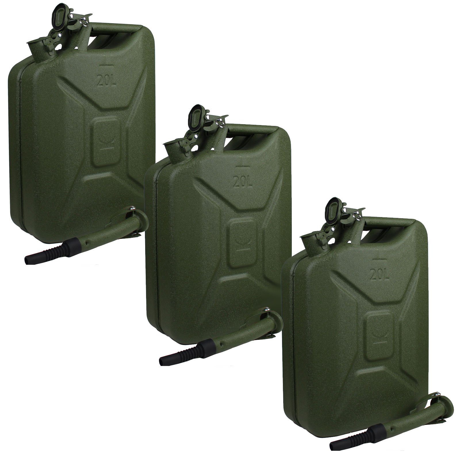 Kanister 3x Metallkanister Hammerschlag olivgrün 20 Liter inkl. Ausgießer +