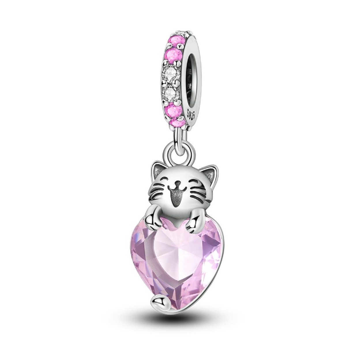 PANDACHARMS Bead Katze mit Großem Rosa Herz Charm Anhänger, 925 Sterling Silber