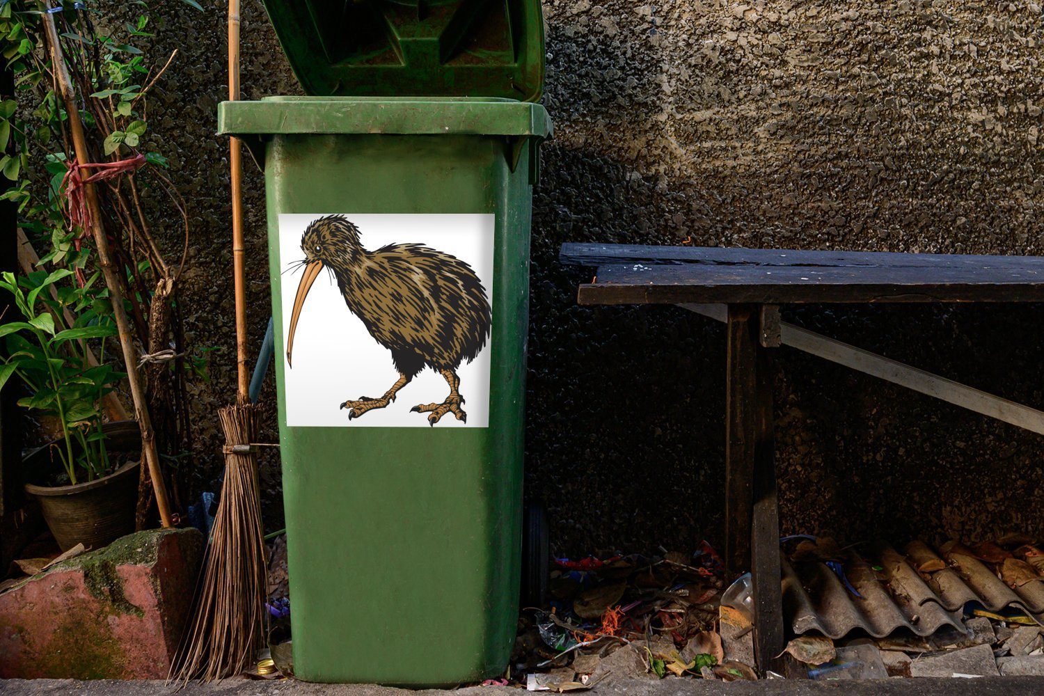 MuchoWow Wandsticker Illustration Mülltonne, St), Sticker, (1 braunen Container, eines Kiwi-Vogels Mülleimer-aufkleber, Abfalbehälter
