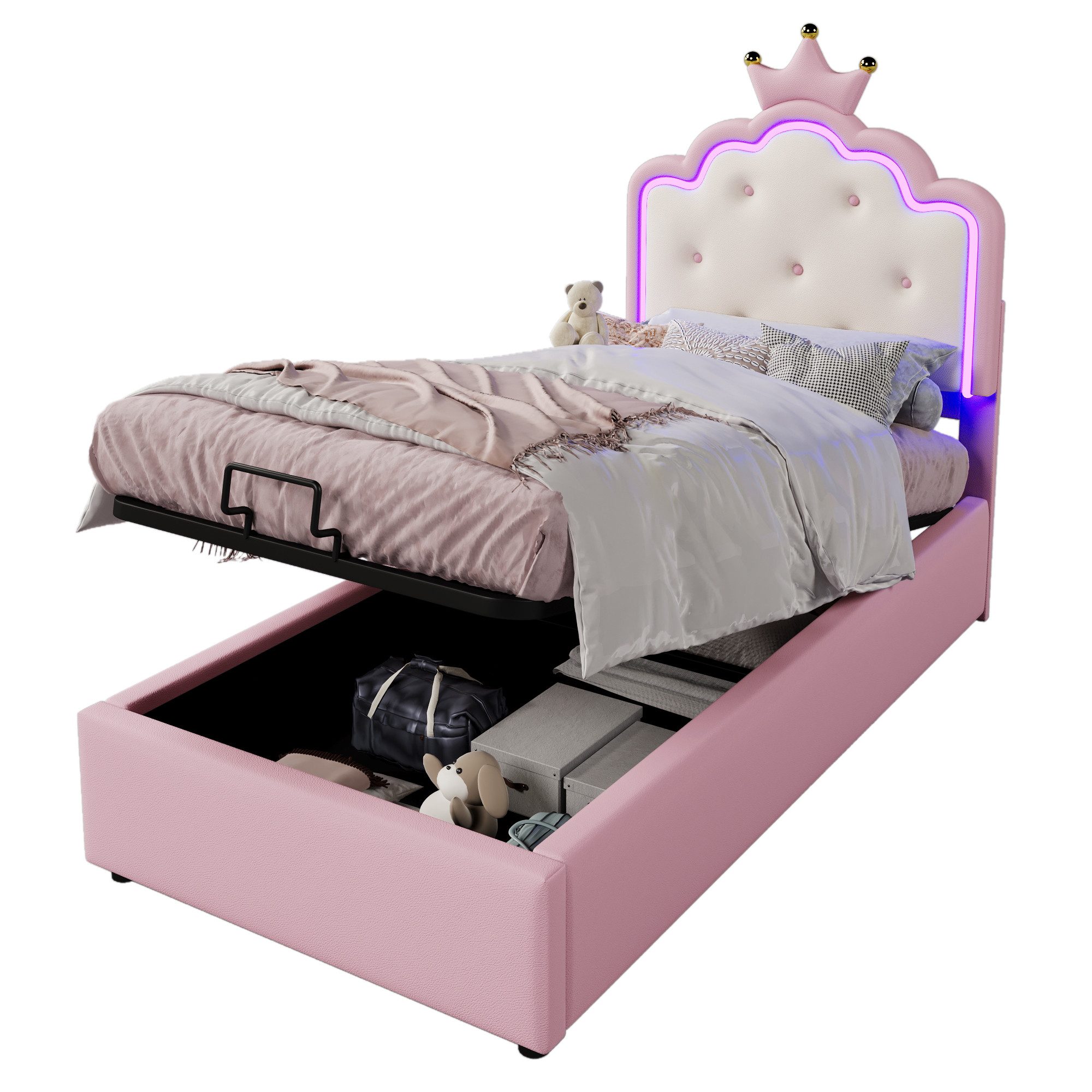 SOFTWEARY Prinzessinbett mit Stauraum und LED-Beleuchtung (90x200 cm), Mädchenbett, Polsterbett für Mädchen, Einzelbett, Kunstleder