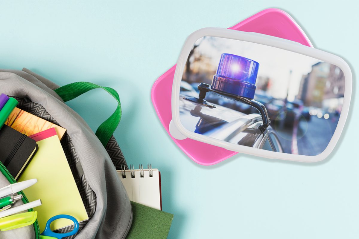MuchoWow Lunchbox Kunststoff, (2-tlg), auf für ein Kinder, Licht Auto, Blinkendes Polizeiautos Erwachsene, Brotdose rosa Brotbox Kunststoff Snackbox, Mädchen, ziviles eines