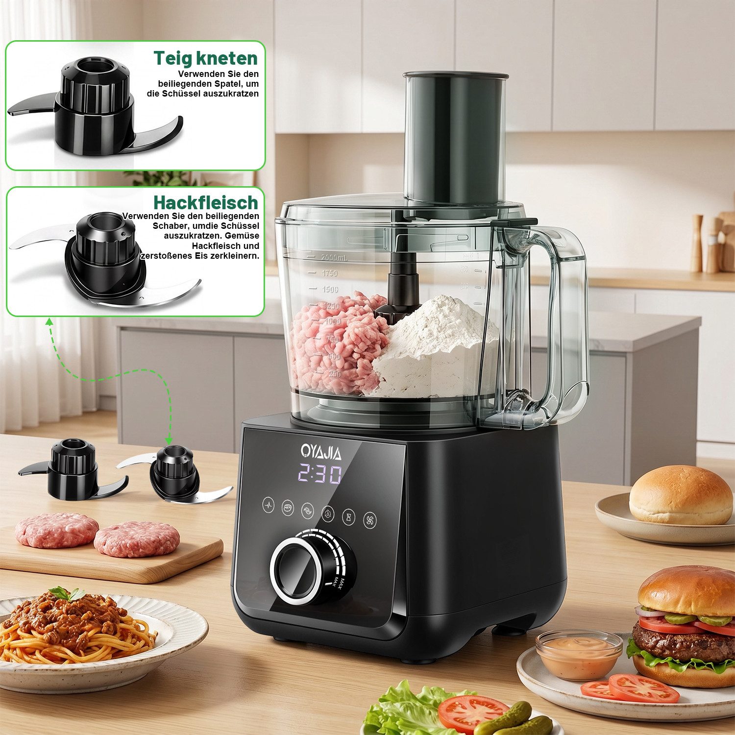 oyajia Küchenmaschine Mixer Kombination, 2,5L Zerkleinerer für Fleisch, Gemüse und Teig, 2L Standmixer mit Glasbehälter, 11 Geschwindigkeitsstufen&Pulsfunktion  – Bild 5 von 5