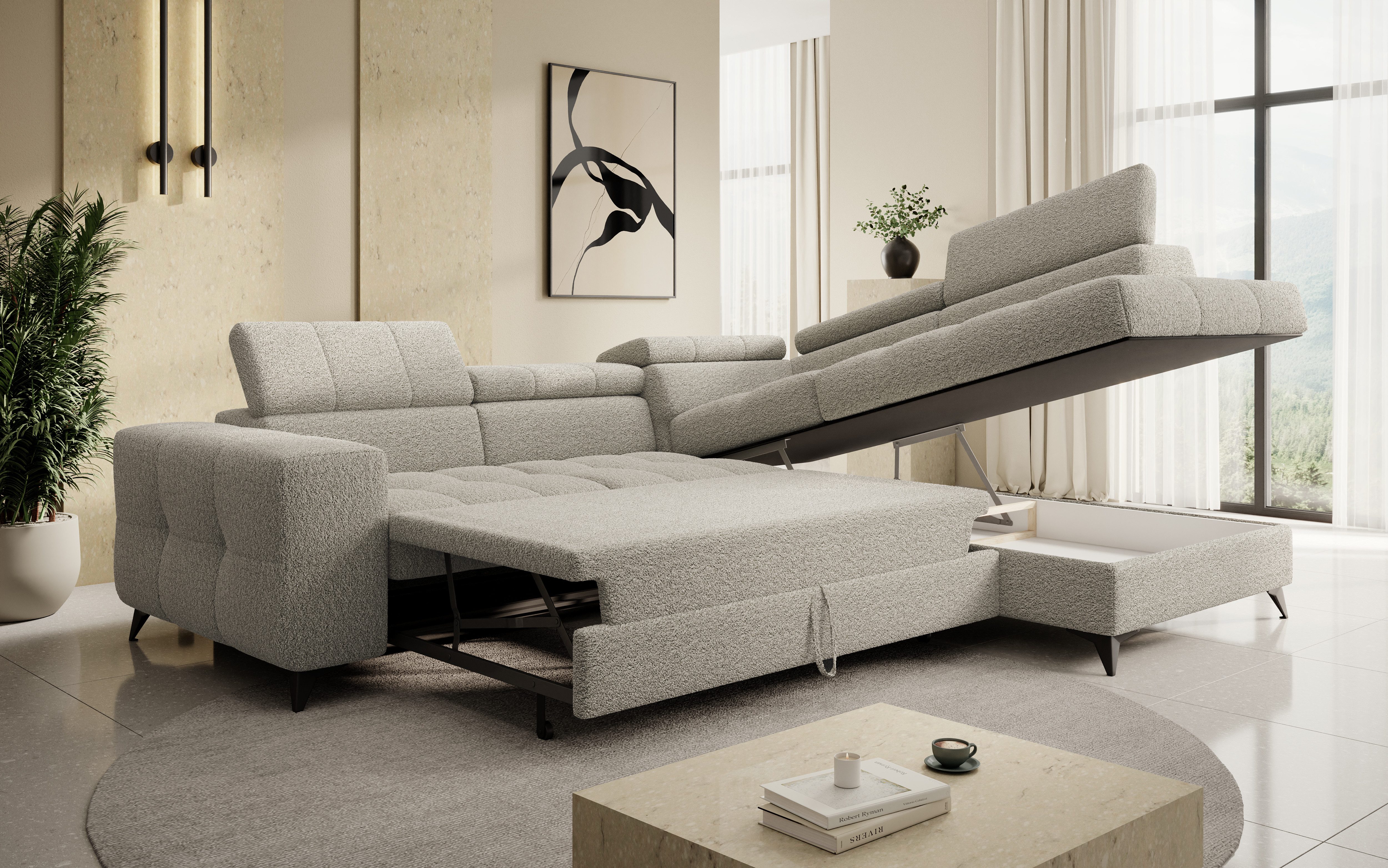 thematys Ecksofa SORANO mit Schlaffunktion & Bettkasten – L-Form, Bouclé und Velours, - mit verstellbaren Kopfstützen, – L-Form 270×203 cm – Schlafsofa mit Auszug, – L-Form 270×203 cm – Schlafsofa mit Auszug