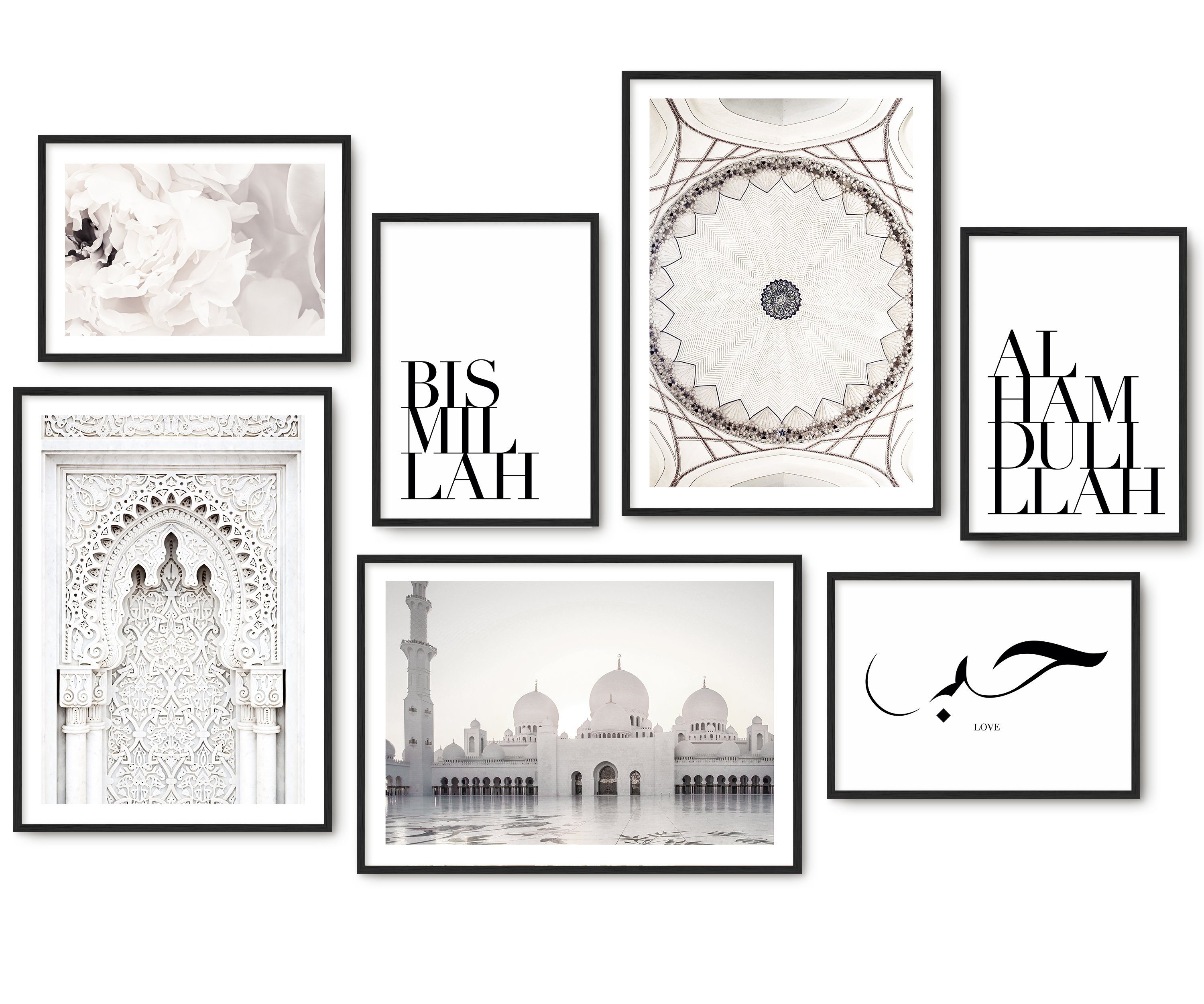 Hyggelig Home Poster Moschee, Premium Poster Set OHNE & MIT Rahmen - 7 Wandbilder Bismillah, Arabic (Set, 7 St), Collage Alhamdulillah Qualitätsdruck dickes Papier
