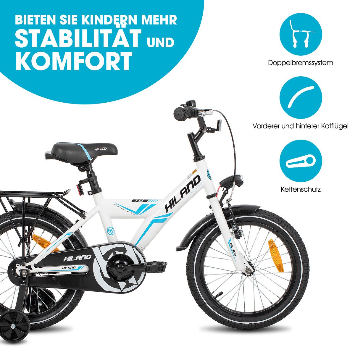 HILAND Kinderfahrrad Sentry 16/18 Zoll fahrrad für Jungen Kinder ab 4,5,6 Jahren, 1 Gang, mit Rücksitz/Gepäckträger Stützräder Handbremse