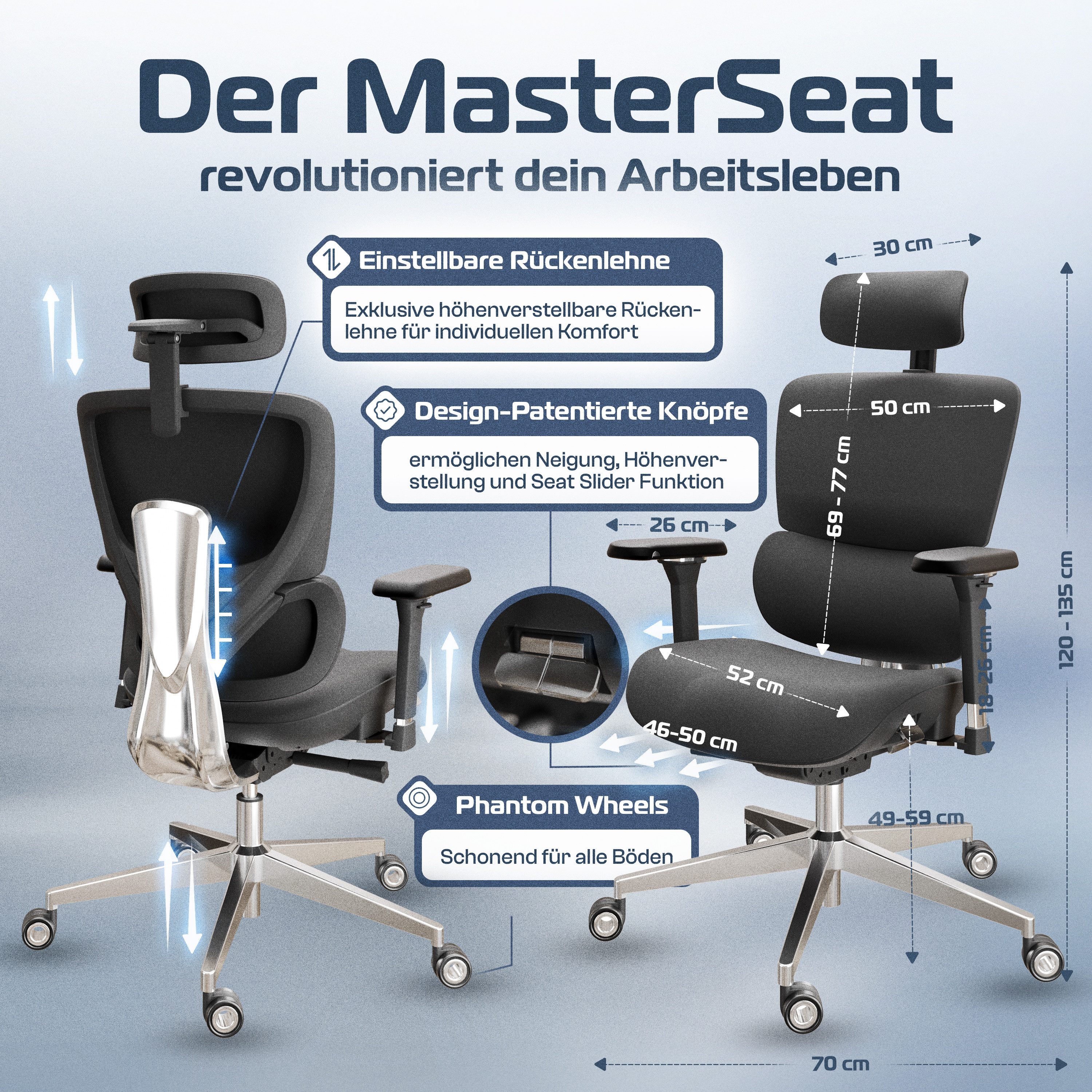 CLOUVOU Bürostuhl Ergonomisch, Schreibtischstuhl bis 150 kg - Testsieger (MasterSeat - Chefsessel für Arbeitszimmer, 4D Gaming Armlehnen), Blade Wheels, Homeoffice, Gaming Stuhl, Drehstuhl