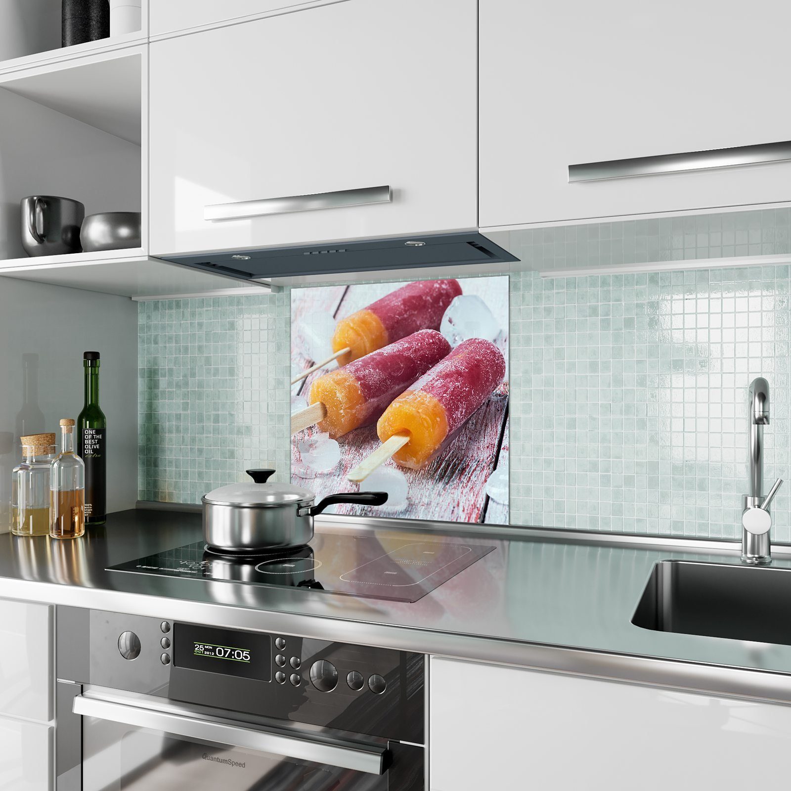 Primedeco Küchenrückwand Küchenrückwand Spritzschutz Glas mit Motiv Eis Stiel auf Holztisch am