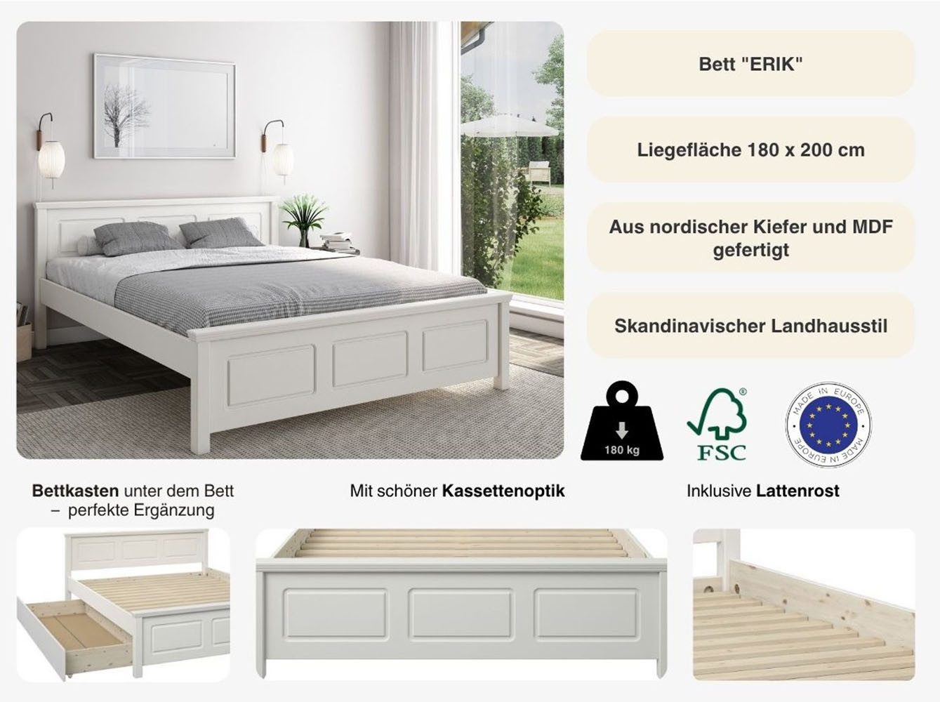 OTTO home Massivholzbett ERIKK', Made in Europe, optional mit Schublade, Massivholz Kiefer (FSC® zertifiziert), in mehreren Größen, Landhausstil mit Kassettenoptik