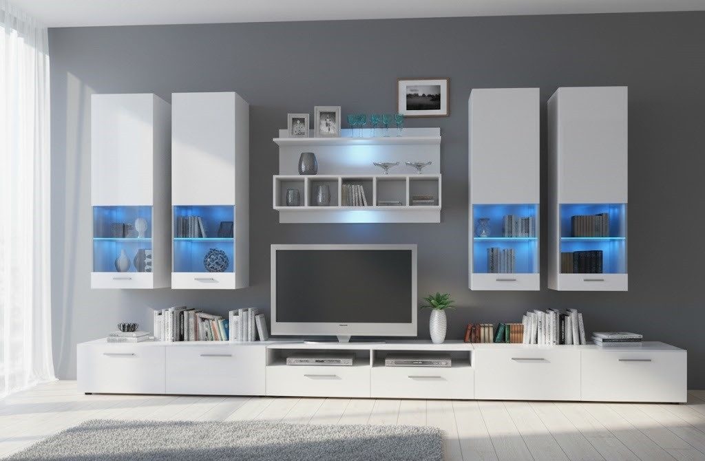 JVmoebel Wohnwand Wohnwand Design Hochglanz mit Beleuchtung Sofort, (Wohnwand), Made in Europa