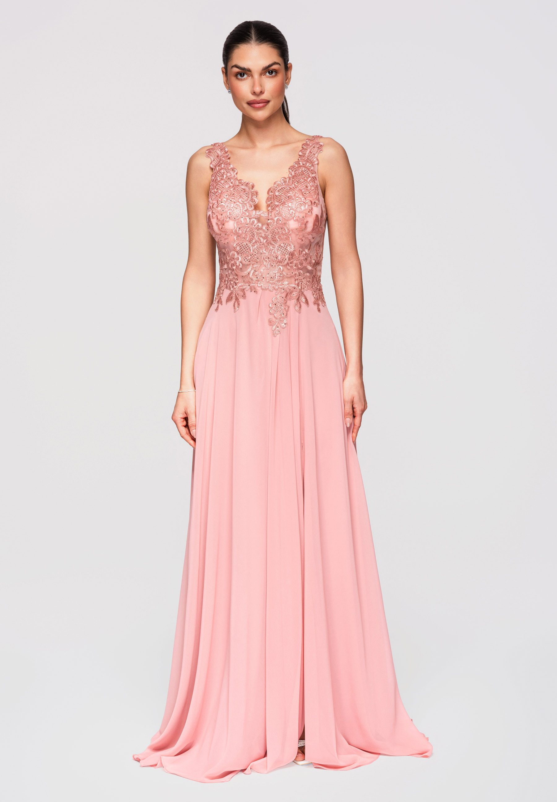 OMBRE Abendkleid Abendkleid Maxikleid Spitze Elegant Koralle M (kein Set, 1-tlg) Transparente Elemente, Koronkowy Saum