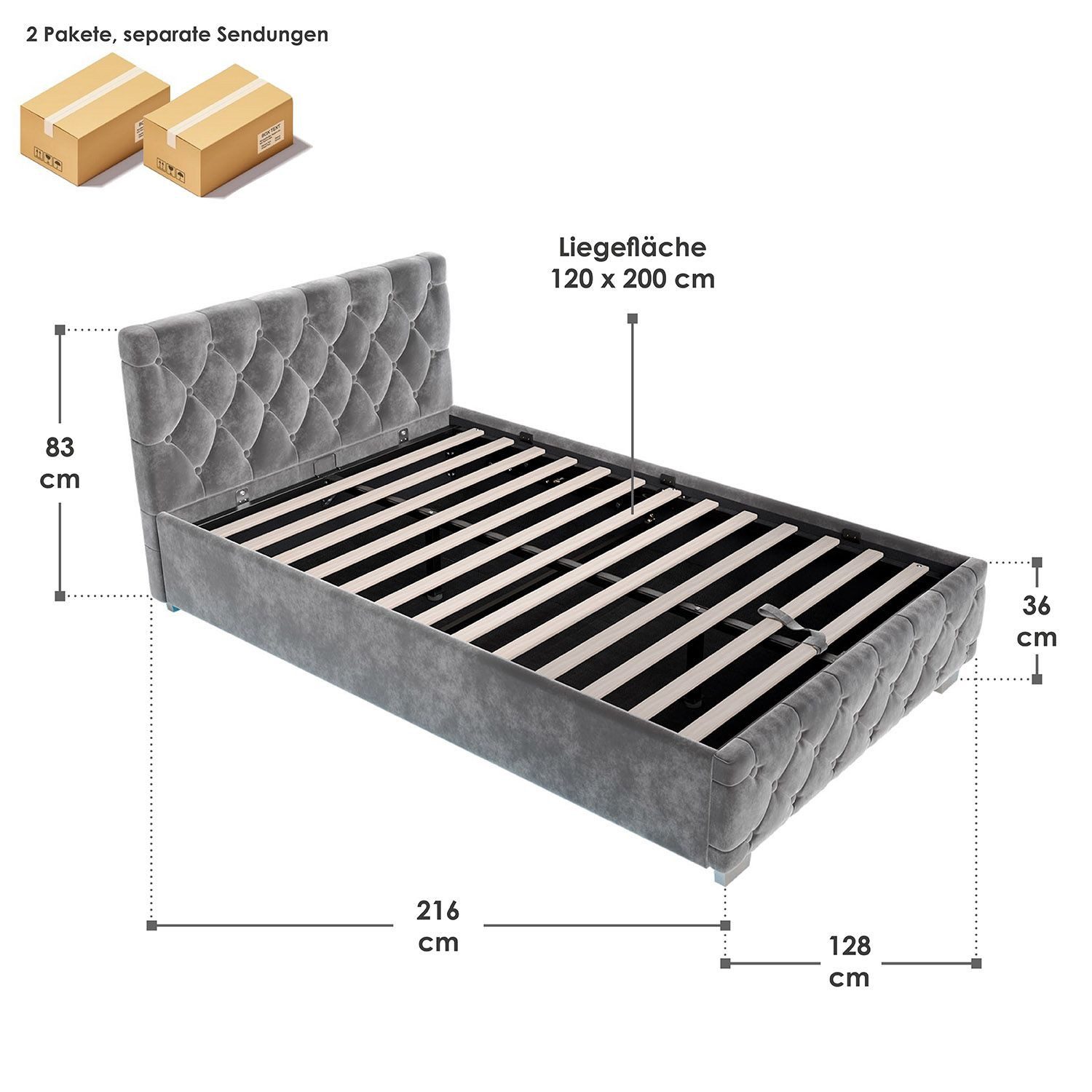 Juskys Polsterbett Nizza, Stauraum, LED Licht, Chesterfield Steppung, Samtbezug