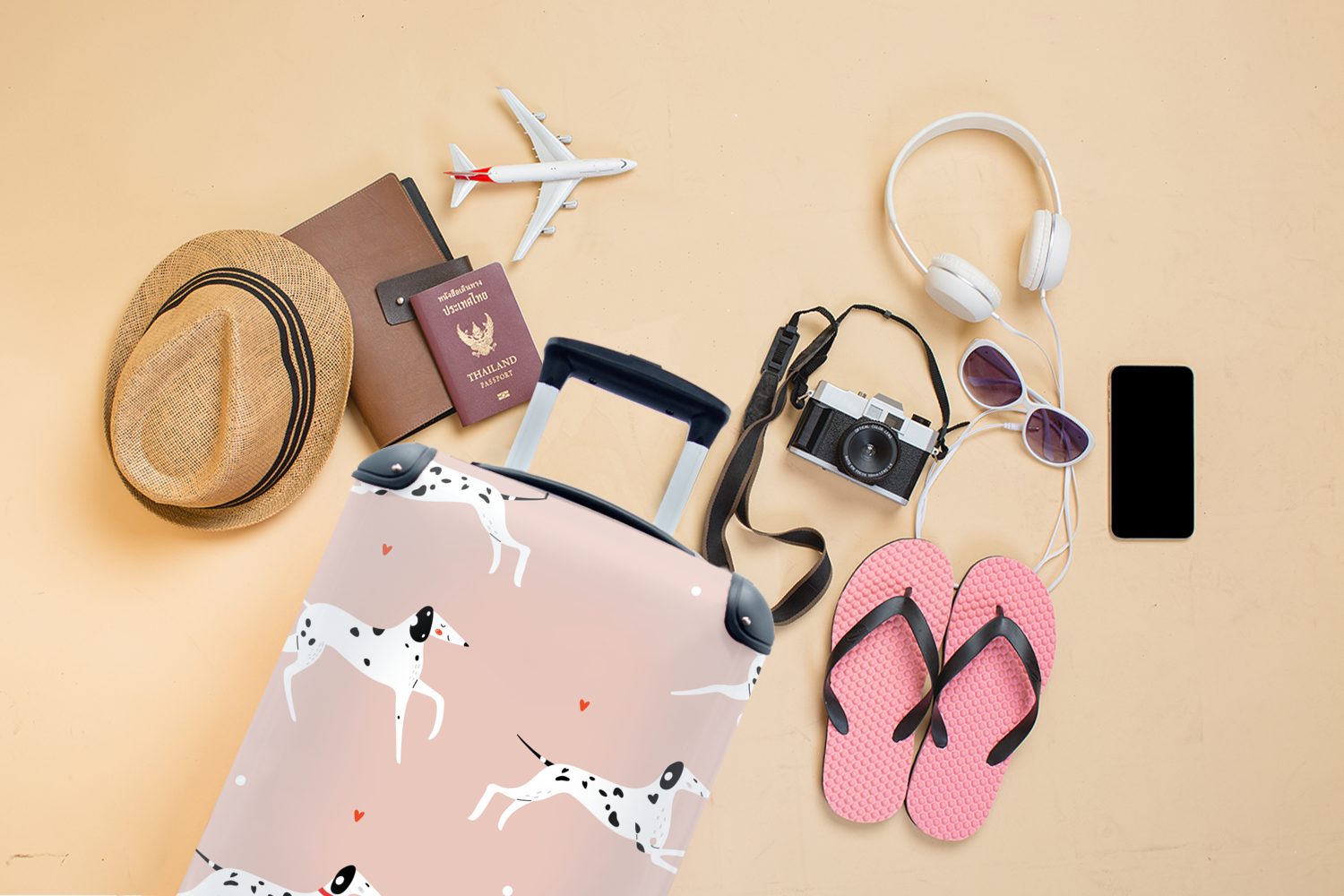 Reisetasche auf mit Ferien, Dalmatiner Trolley, Hintergrund, mit rosa einem Doggy Handgepäckkoffer für 4 laufenden Handgepäck MuchoWow Reisekoffer Rollen, rollen, Illustration