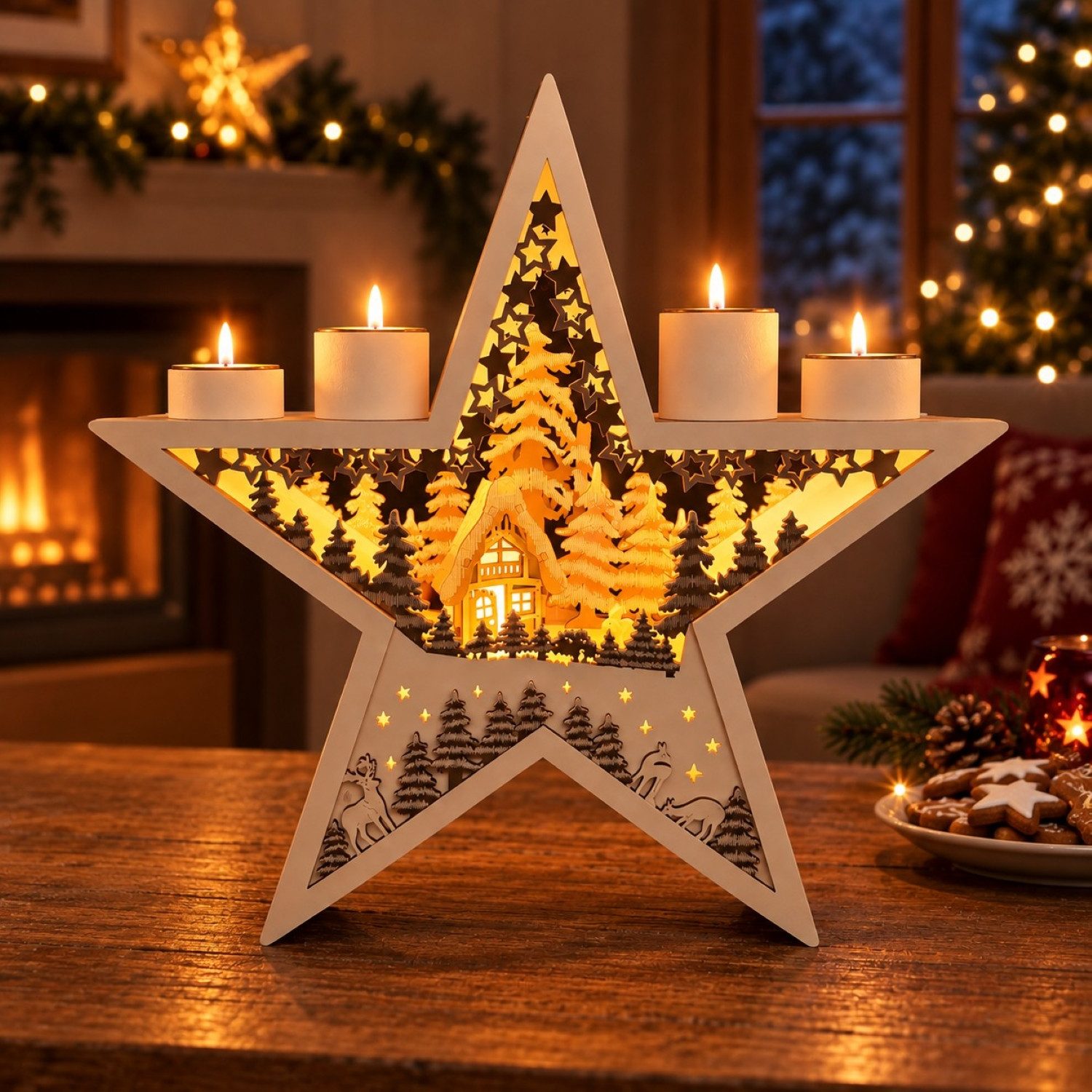 Online-Fuchs Adventskranz für 4 Teelichter in Form eines Holzstern mit LED-Beleuchtung & Timer, eine besondere und stimmungsvolle Weihnachtsdekoration