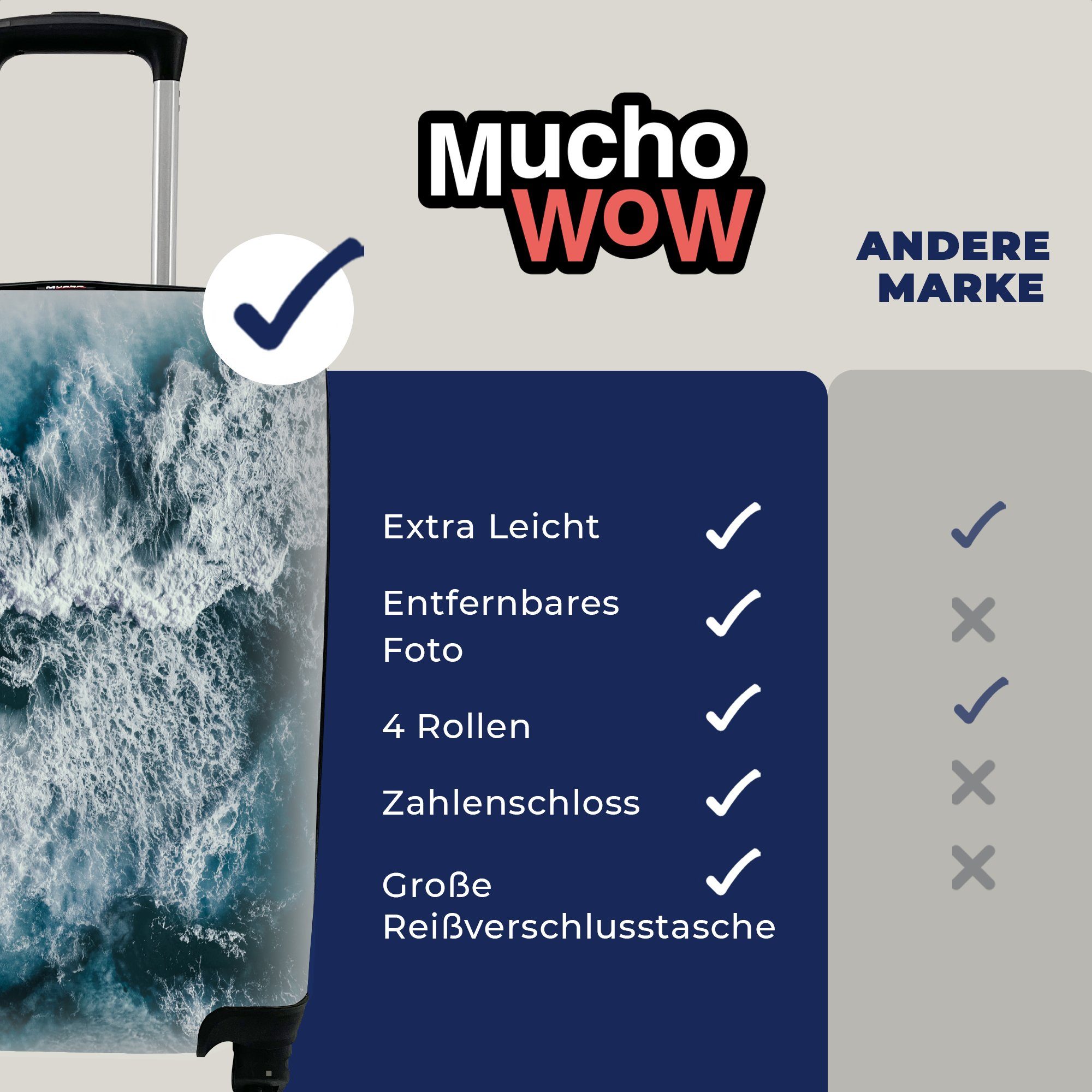 MuchoWow Handgepäckkoffer Meer - - Schaum, Reisekoffer Wellen Handgepäck 4 Trolley, mit Ferien, Reisetasche für Rollen, rollen