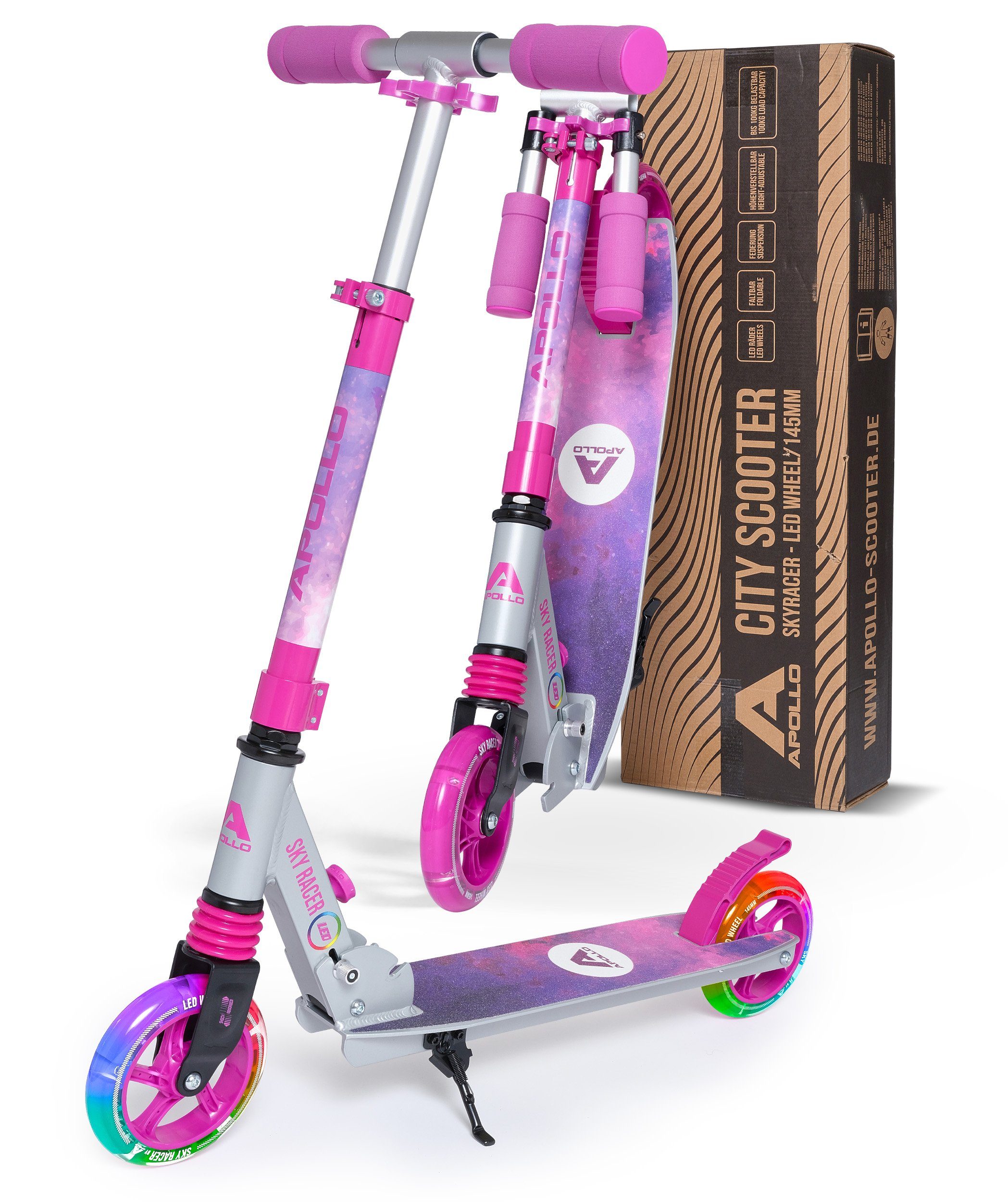 Apollo Cityroller Skyracer LED City Scooter Kinder, Tretroller mit Federung, klappbarer Kinderroller, höhenverstellbar