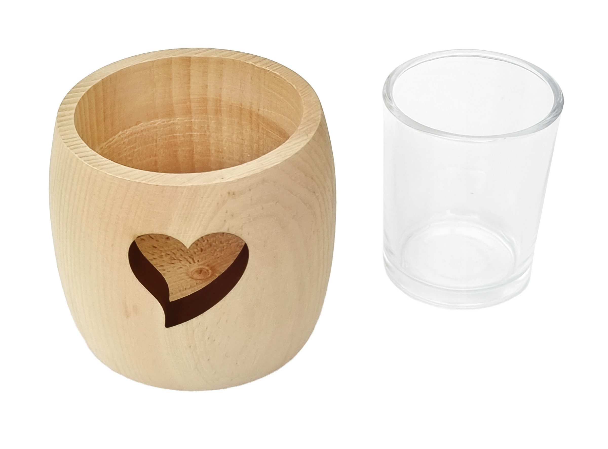ERST-HOLZ Teelichthalter Zirben Teelichthalter mit Glas und Ausschnitt Stern (Herz), Herz