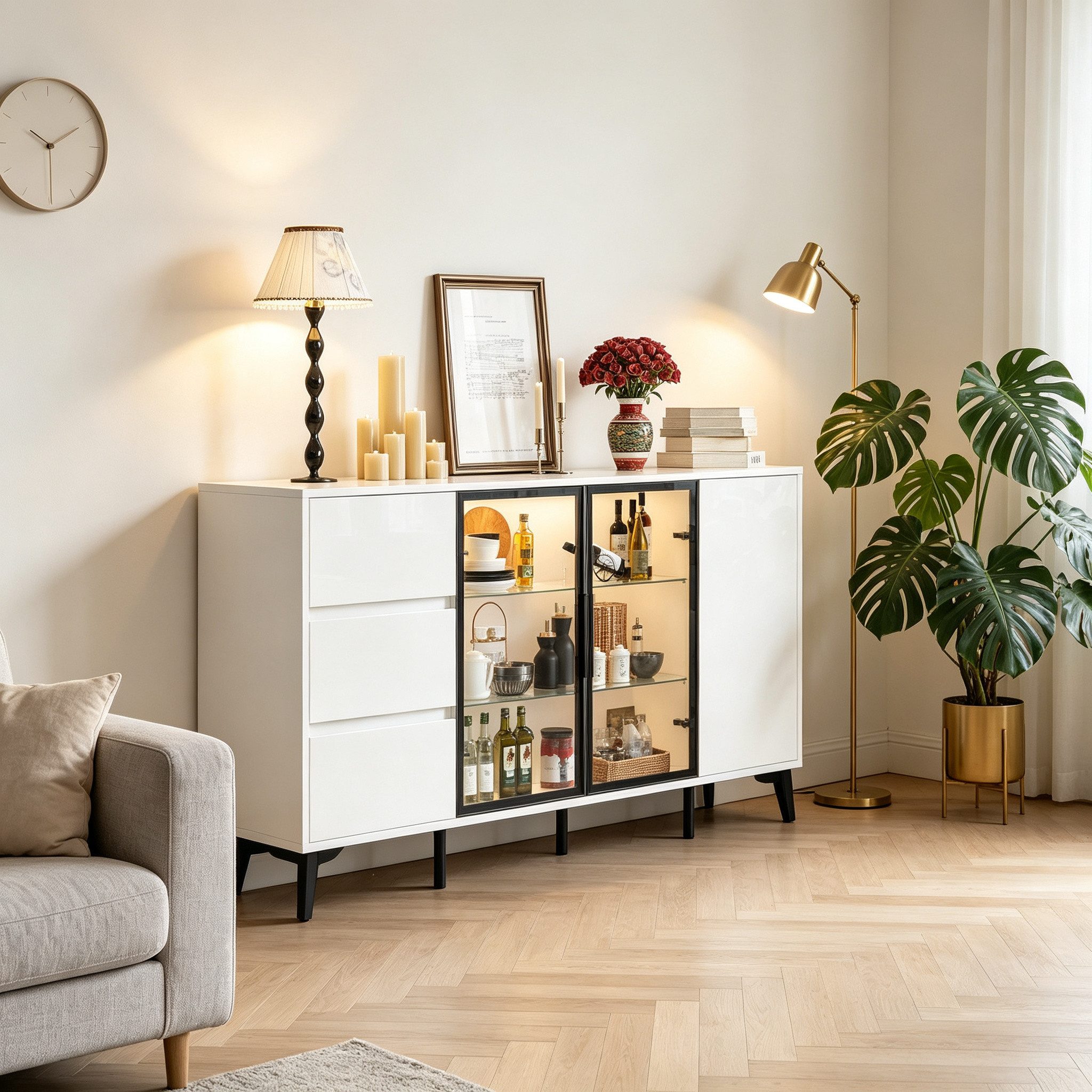 FUFU&GAGA Sideboard 140-160cm Glasvitrine Vitrinenschrank, mit Beleuchtung 3 Farbe