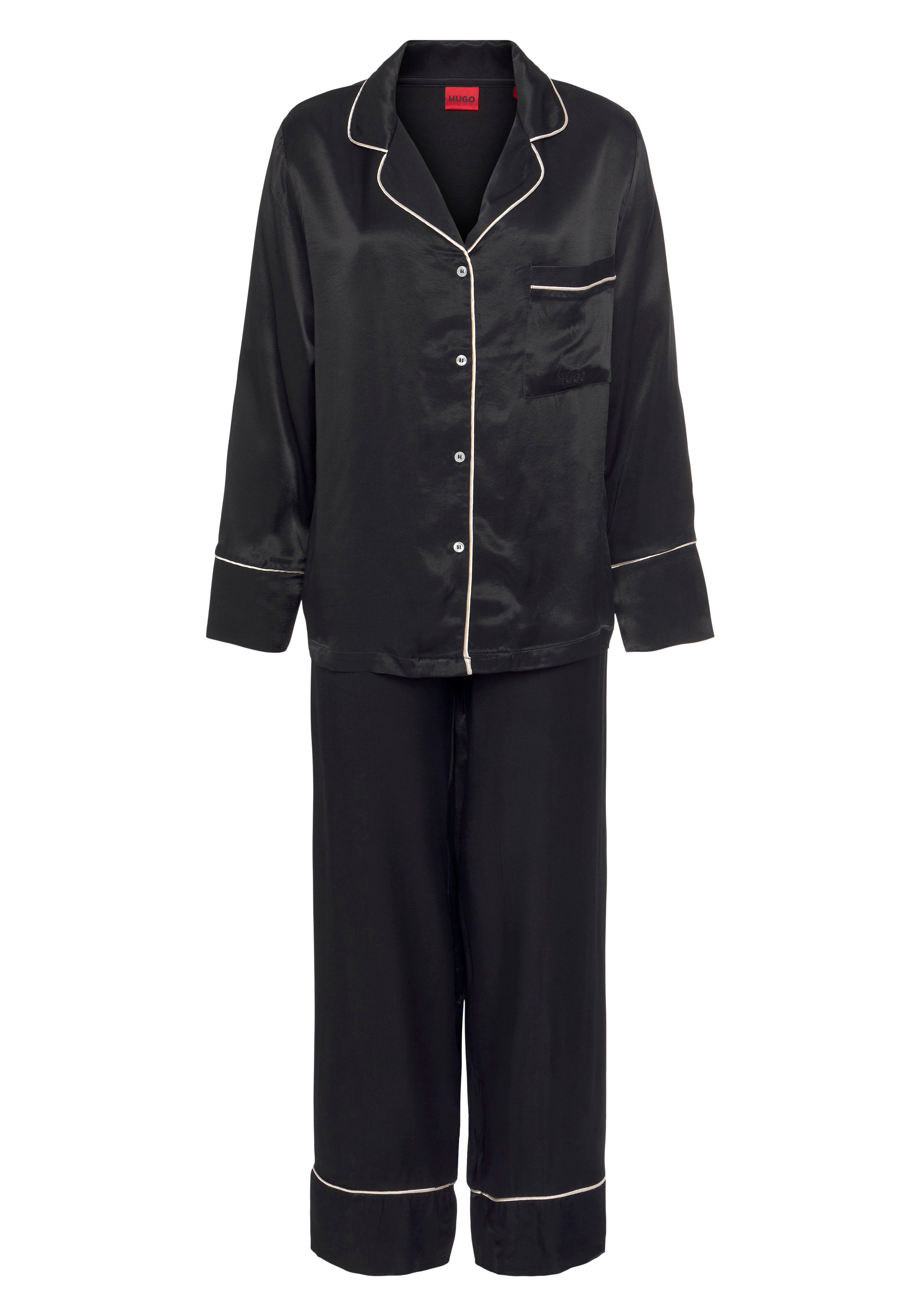SATINA_PYJAMA HUGO Pyjama kontrastfarbenen Paspeln mit GIFT S