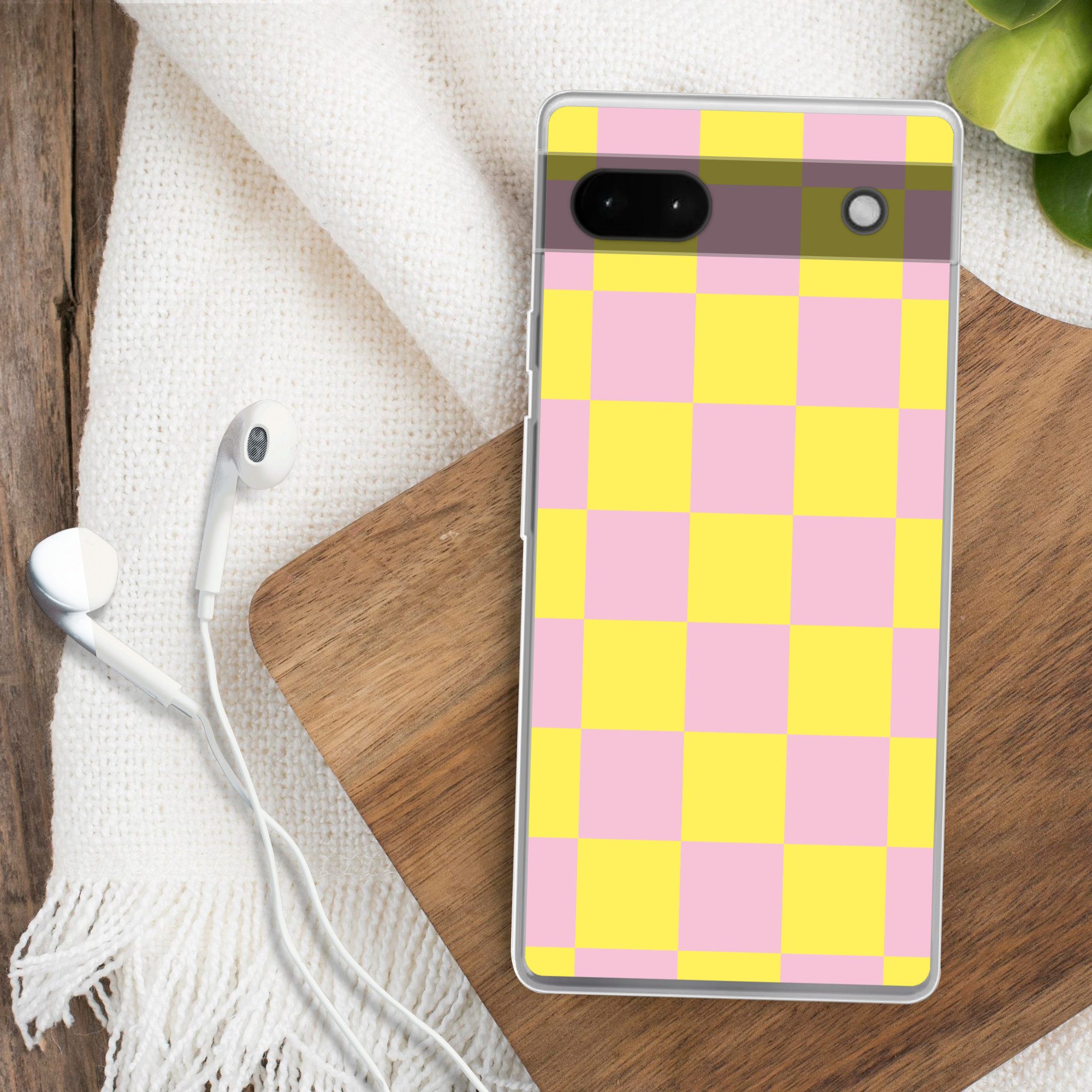 MuchoWow Handyhülle für Google Pixel 6a Schachbrettmuster - Gelb - Rosa - Würfel, Phone Case, Silikon, Schutzhülle Dünn