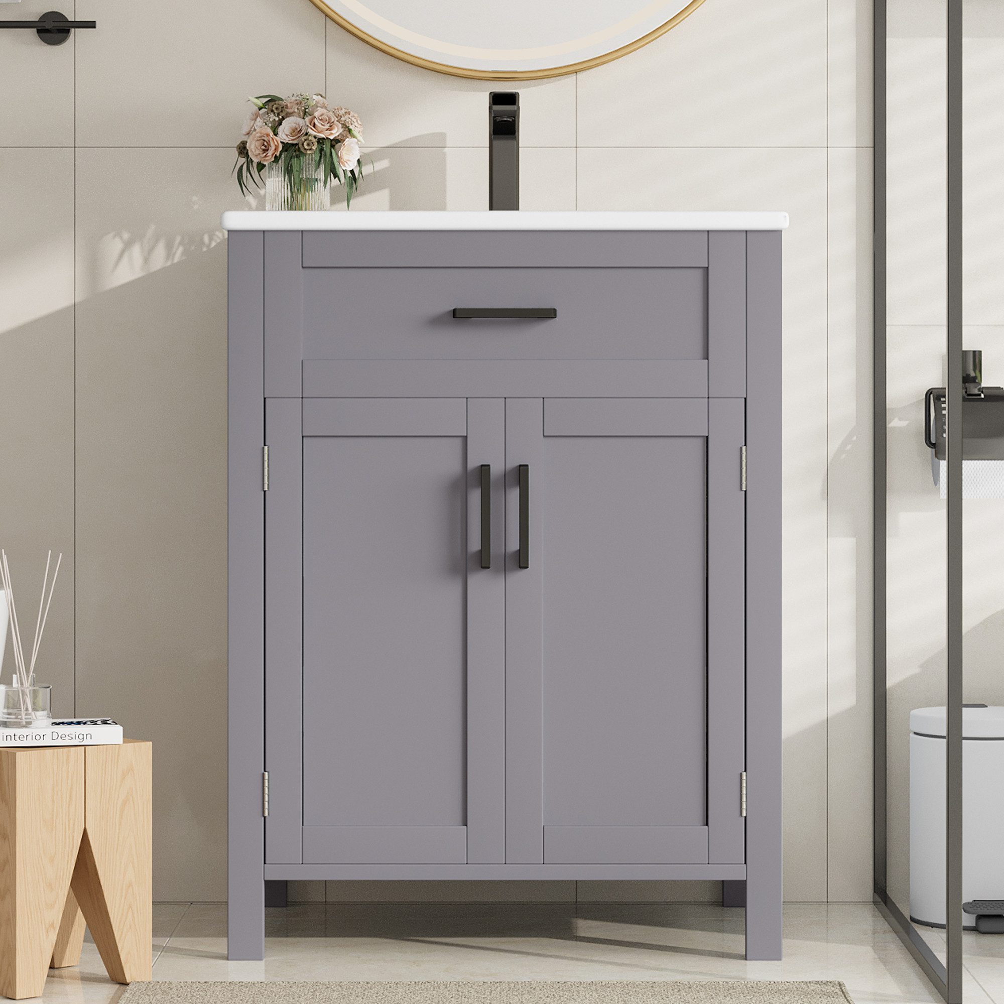 Gdood Waschbeckenschrank Badezimmerschrank Bodenstehender Mit Keramikbecken (60 x 46 x 84.8 cm) Mit Waschtisch,verstellbare Regale, integriertes Keramikwaschbecken