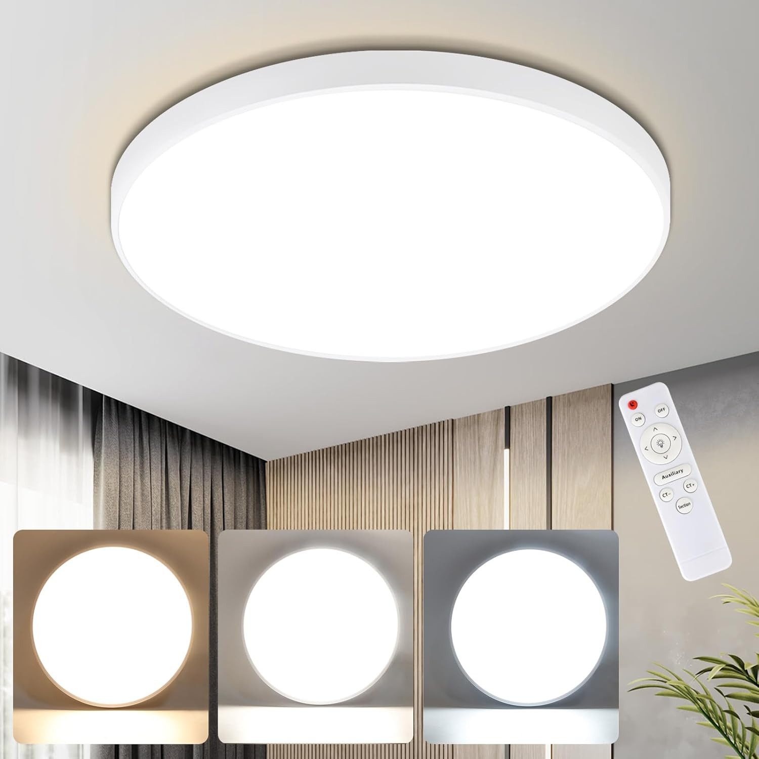 ZMH LED Deckenleuchte Wohnzimmer Rund Schwarz/Weiß Dekcenlampe Flach Küchenlampe