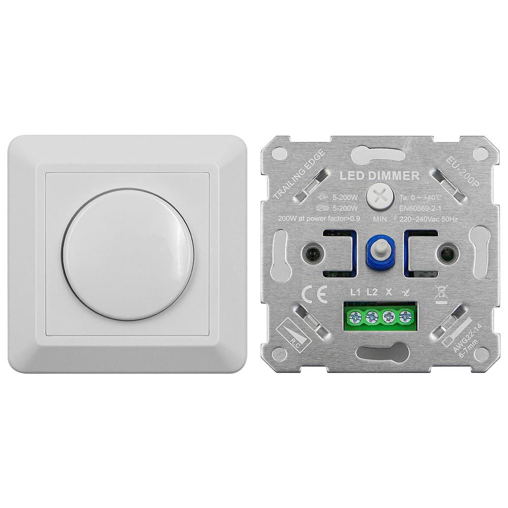 PRIISF Drehdimmer Universal Drehdimmer LED Halogen 5-200W Dimmer Dimmschalter Unterputz (Phasenabschnitt Lichtschalter Dimmbare mit Unterputzdose Abdeckung, Phasenabschnittsdimmer für LED Lampen Sparlampe Glühlampe Halogenlampe), Kompatibel Busch-Jäger, GIRA, Berker, Jung, Kopp, Legrand, Merten usw