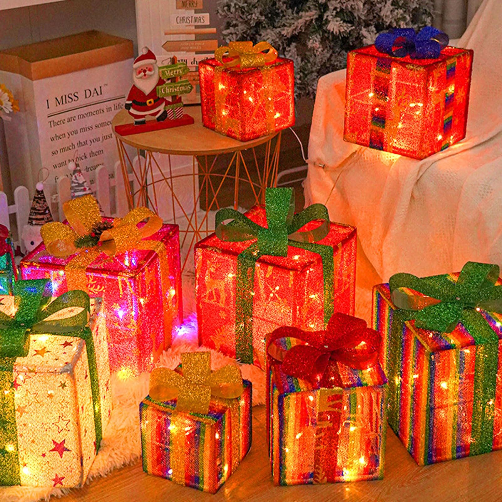 Jibenhome LED Dekolicht Weihnachtenbox LED Beleuchtete Geschenkbox 3er Set,mit Timer, LED fest integriert, Für den Weihnachtsbaum, zu Hause, in Geschäften, Büros und Restaurants