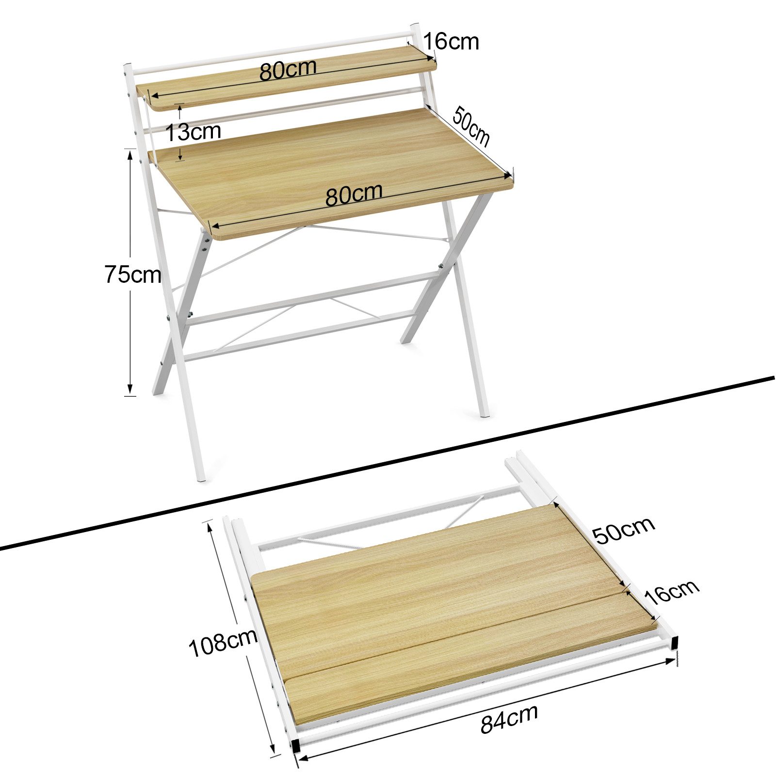 JEOBEST Computertisch Klappbarer Schreibtisch mit Regal, Home Office, kleiner Arbeitstisch 80 x 50 x 107cm