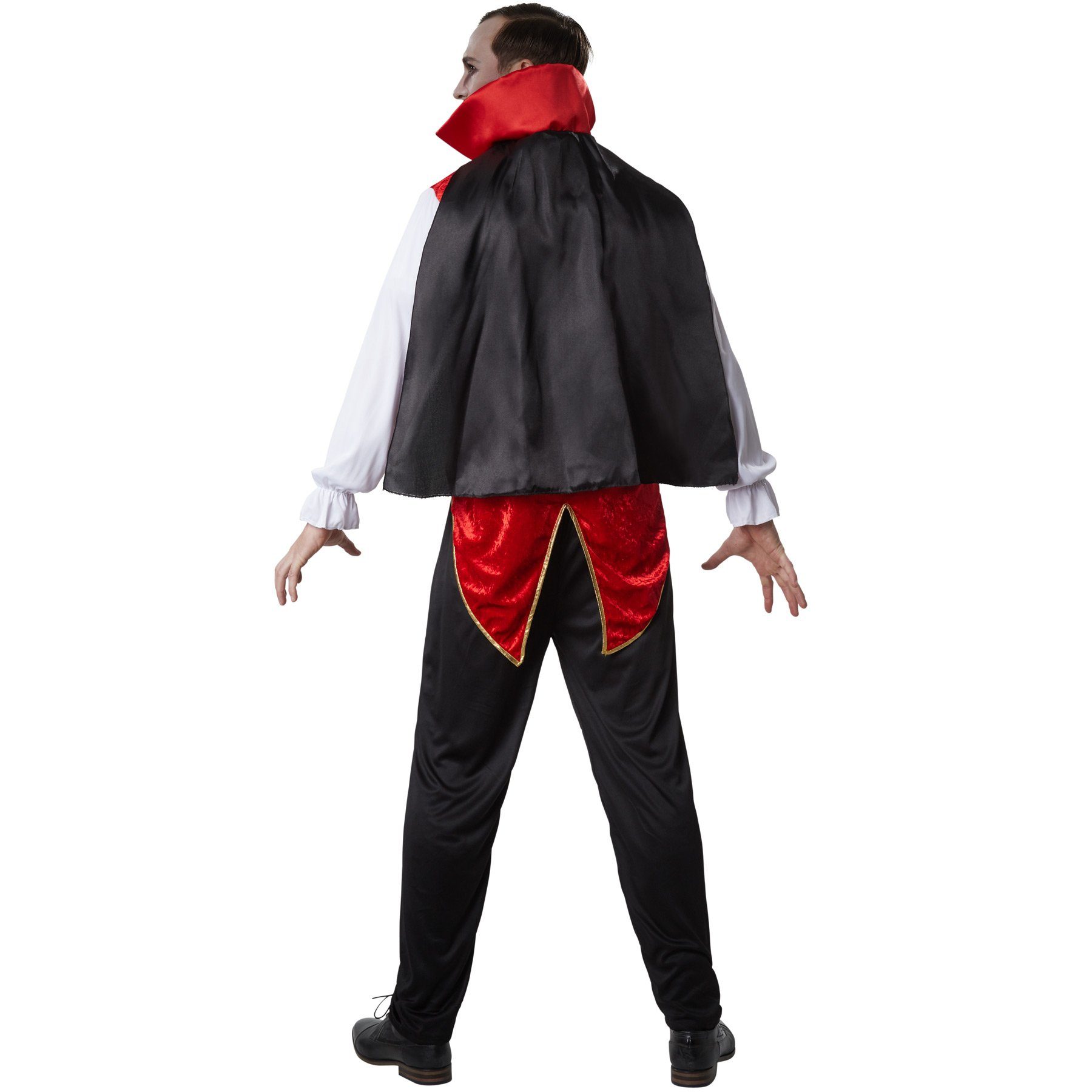 dressforfun Vampir-Kostüm Dracula/Blutsauger, in der Farbe schwarz/rot, Konfektionsgröße XXL, Lange schwarze Hose mit Gummizug, Schwalbenschwanz-Muster hinten