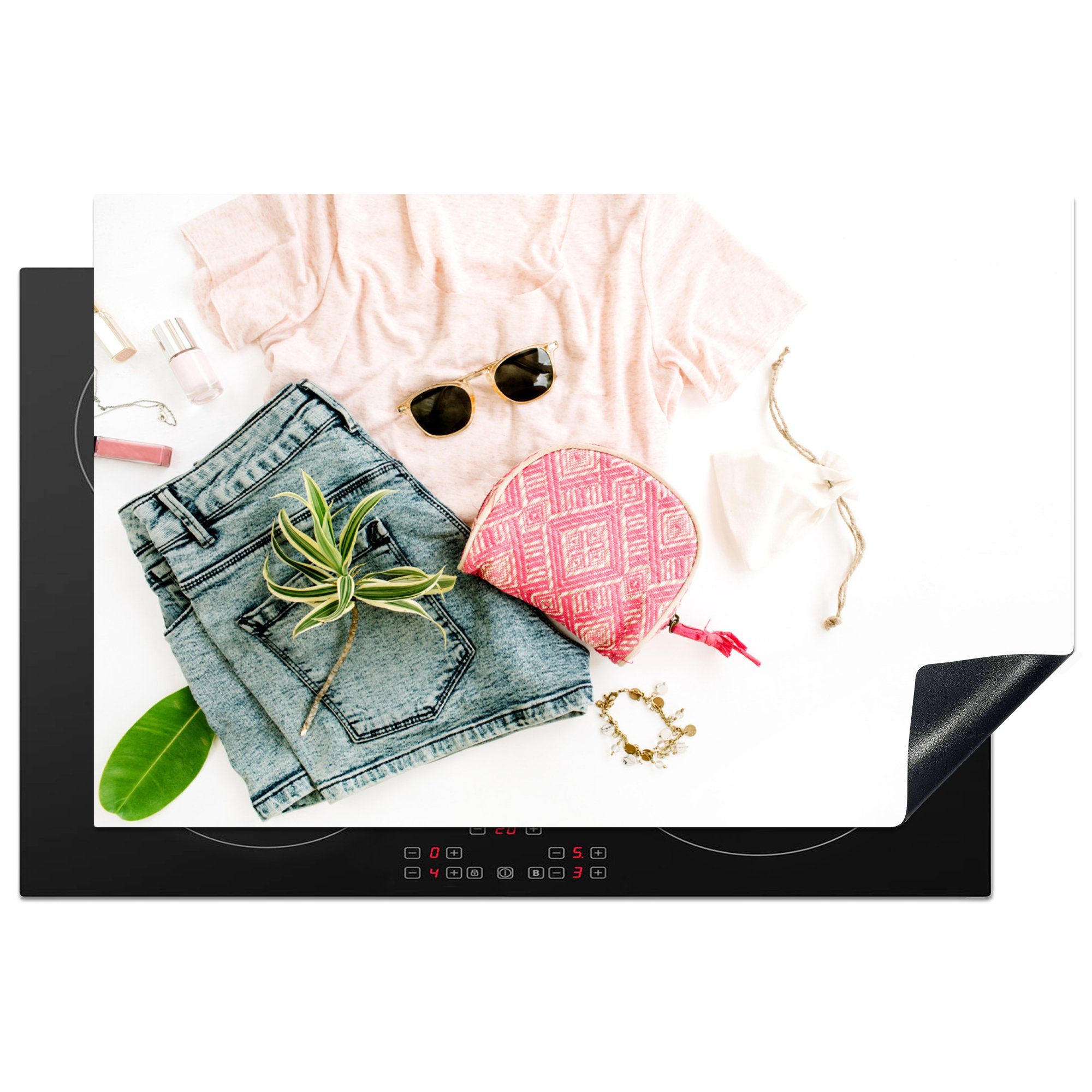 MuchoWow Herdblende-/Abdeckplatte Kleidung - Sonnenbrille - Hemd, Vinyl, (1 tlg), 81x52 cm, Induktionskochfeld Schutz für die küche, Ceranfeldabdeckung