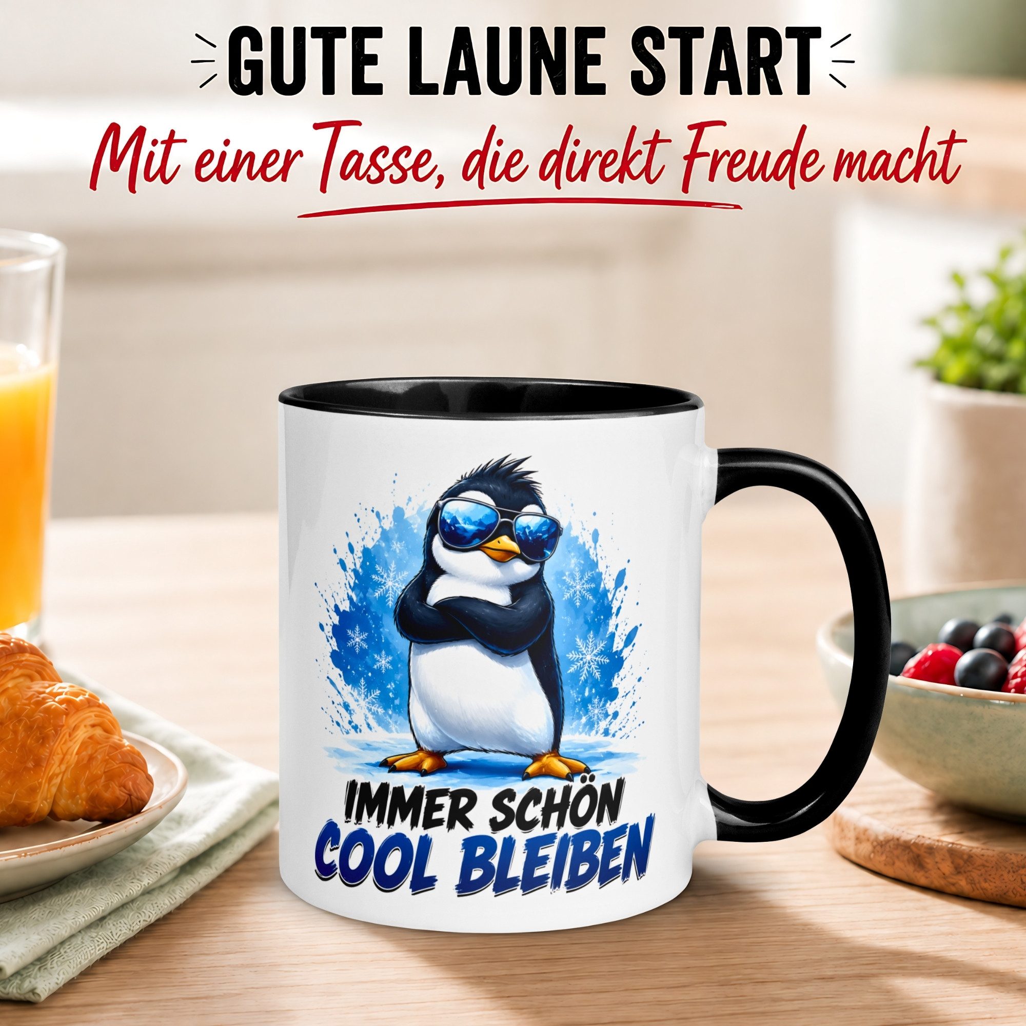 Momentals Tasse Pinguin – Immer schön cool bleiben – lustiger Geschenk Becher Kollege, Gratis Versand · Links-&Rechtshänder · Spülmaschinenfest