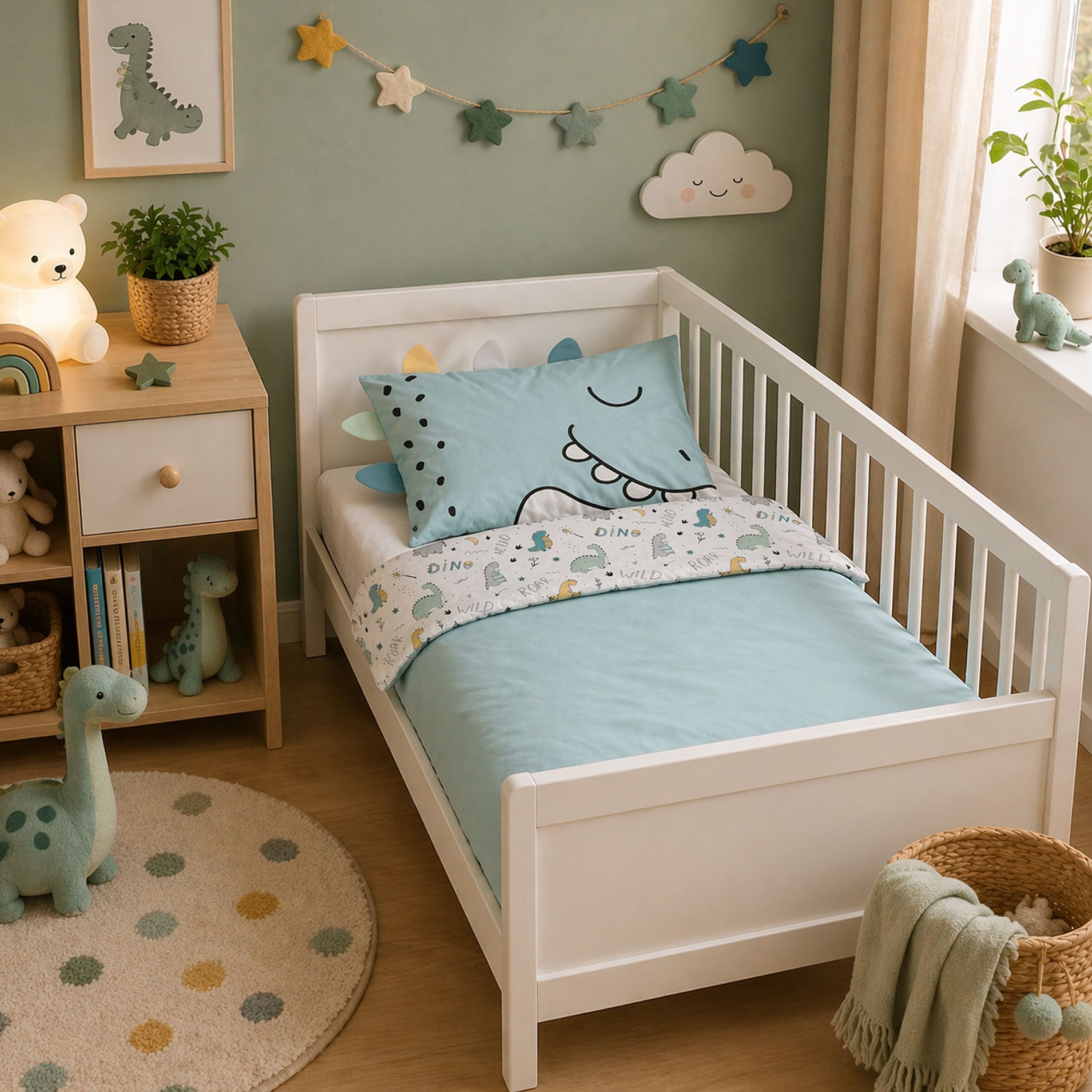 Familando Babybettwäsche Dino 100x135 40x60cm süßer Dinosaurier mit Stacheln, Renforcé, 2 teilig, mit liebevollem Motiv & süßen Details