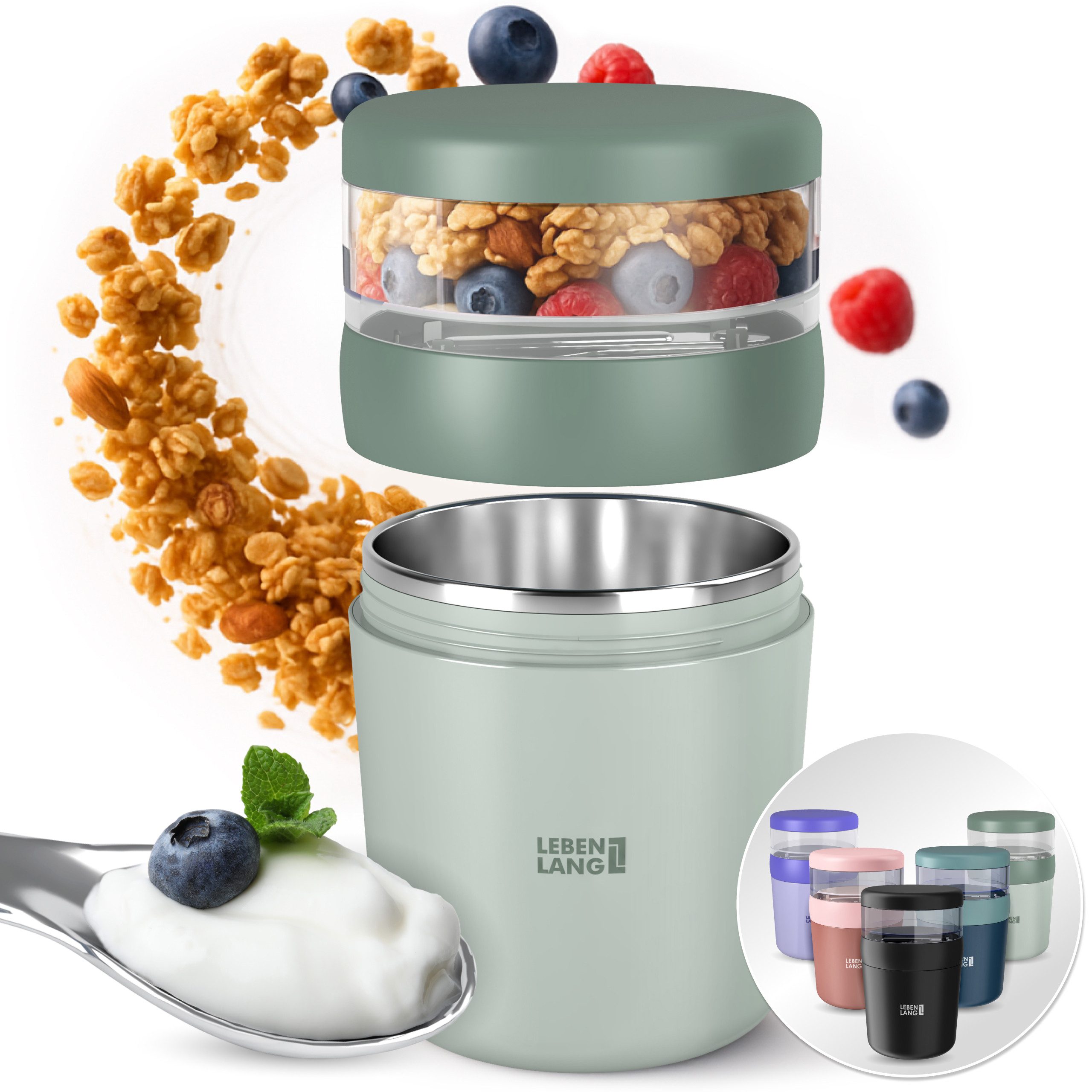 Lebenlang Aufbewahrungsbecher Müslibecher, Isolierende Edelstahlinnenwand, ToGo mit Löffel & 650ml, Edelstahl/Kunststoff, (500ml Becher, 150ml Aufsatz, Drehvershluss, faltbarer Löffel), Auslaufsicher & Perfekt für Schule, Kita, Büro oder Uni