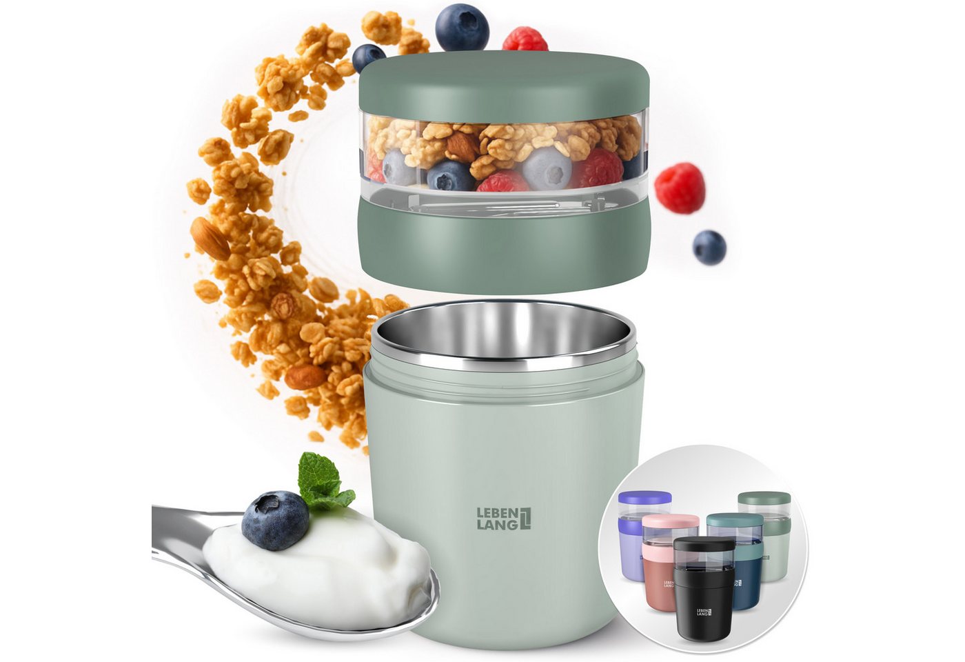 Lebenlang Aufbewahrungsbecher Müslibecher, Isolierende Edelstahlinnenwand, ToGo mit Löffel & 650ml, Edelstahl/Kunststoff, (500ml Becher, 150ml Aufsatz, Drehvershluss, faltbarer Löffel), Auslaufsicher & Perfekt für Schule, Kita, Büro oder Uni